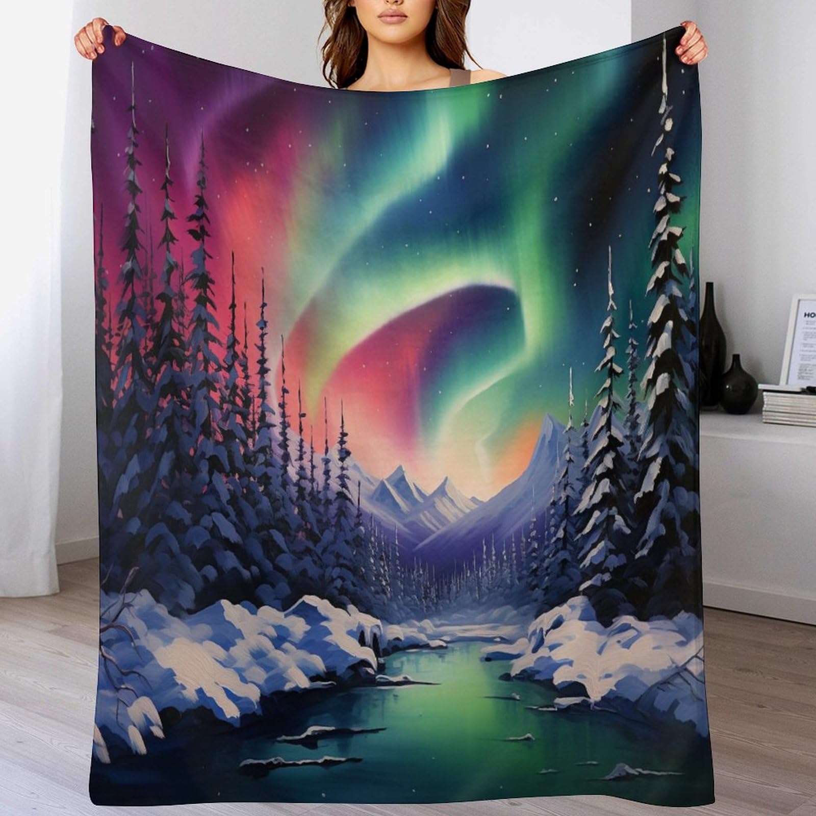 Plaid aurores boréales de Norvège en micro-polaire douce pour lit et canapé 130x180cm