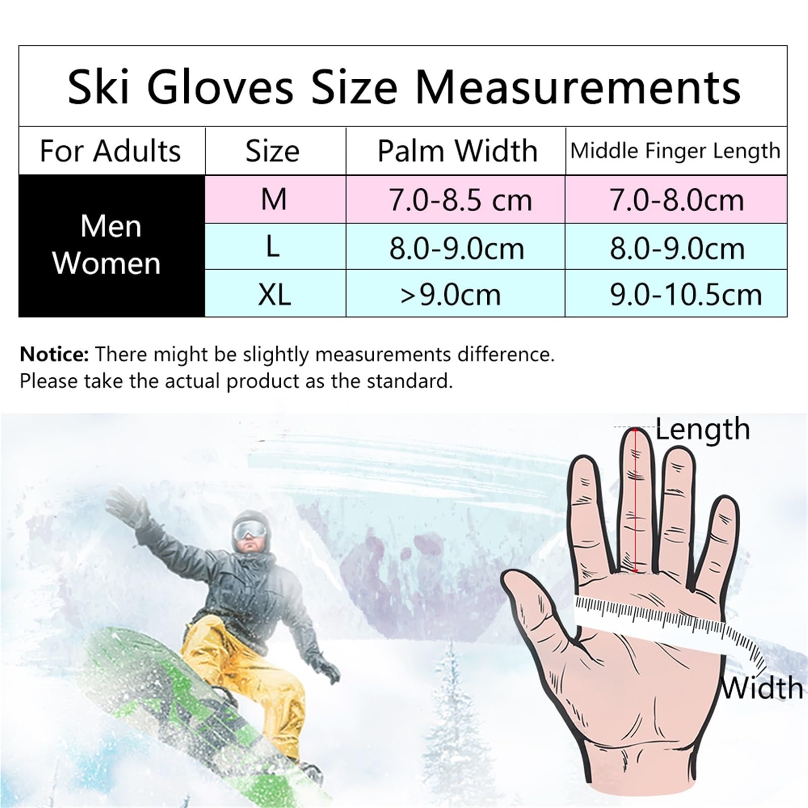 Guantes de esquí unisex, guantes térmicos impermeables para snowboard con pantalla táctil y bolsillo de almacenamiento (negro, XL)