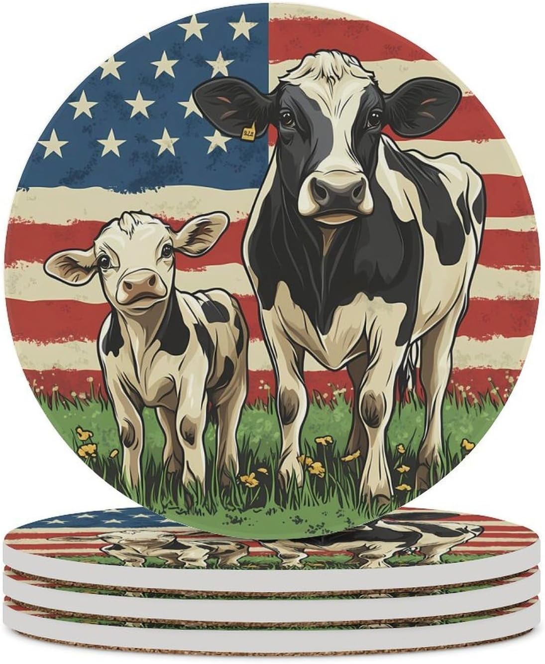U.S Flag Cow Animal Coasters for Drink Round Ceramic Coaster with Cork Base Home Decorative 4PCS