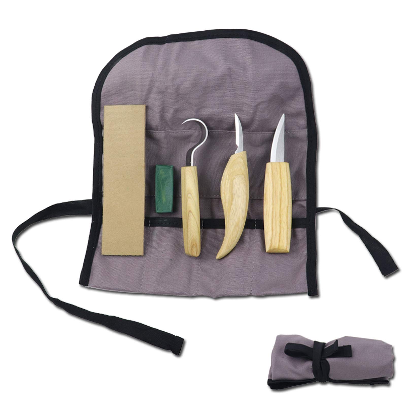 Juego de herramientas para tallar madera 5 en 1, cuchillo de gancho, cuchillo para tallar madera, cuchillo para tallar virutas con compuesto de pulido de correa de cuero para esculturas de bricolaje,