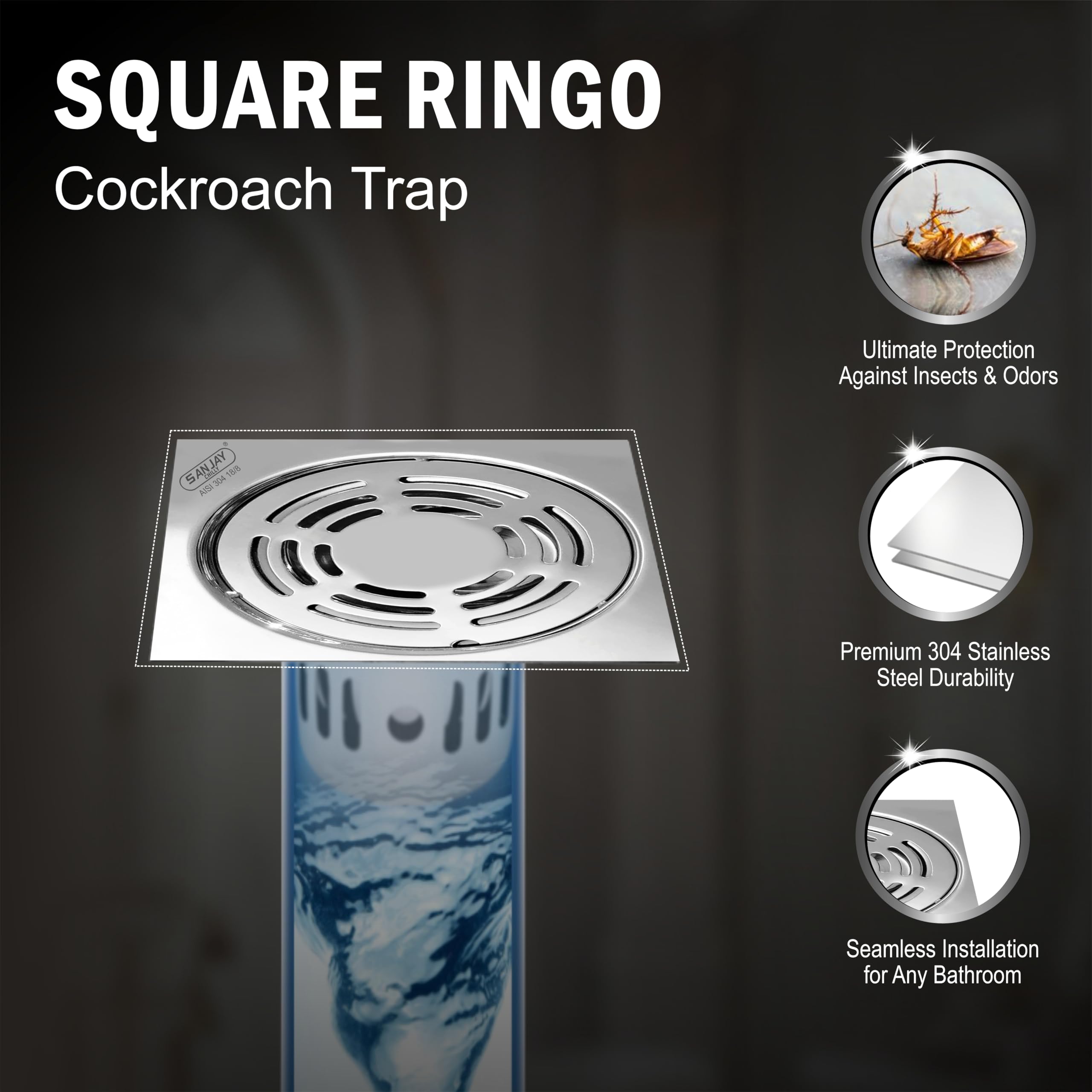 Sanjay Chilly Floor Drain Cockroach Trap for Bathroom 304 SS Grade Kitchen Washbasin Bathtub Sink Safety from Insects Anti Locking System (Square Ringo 3 x 3 INCH Silver) 3
