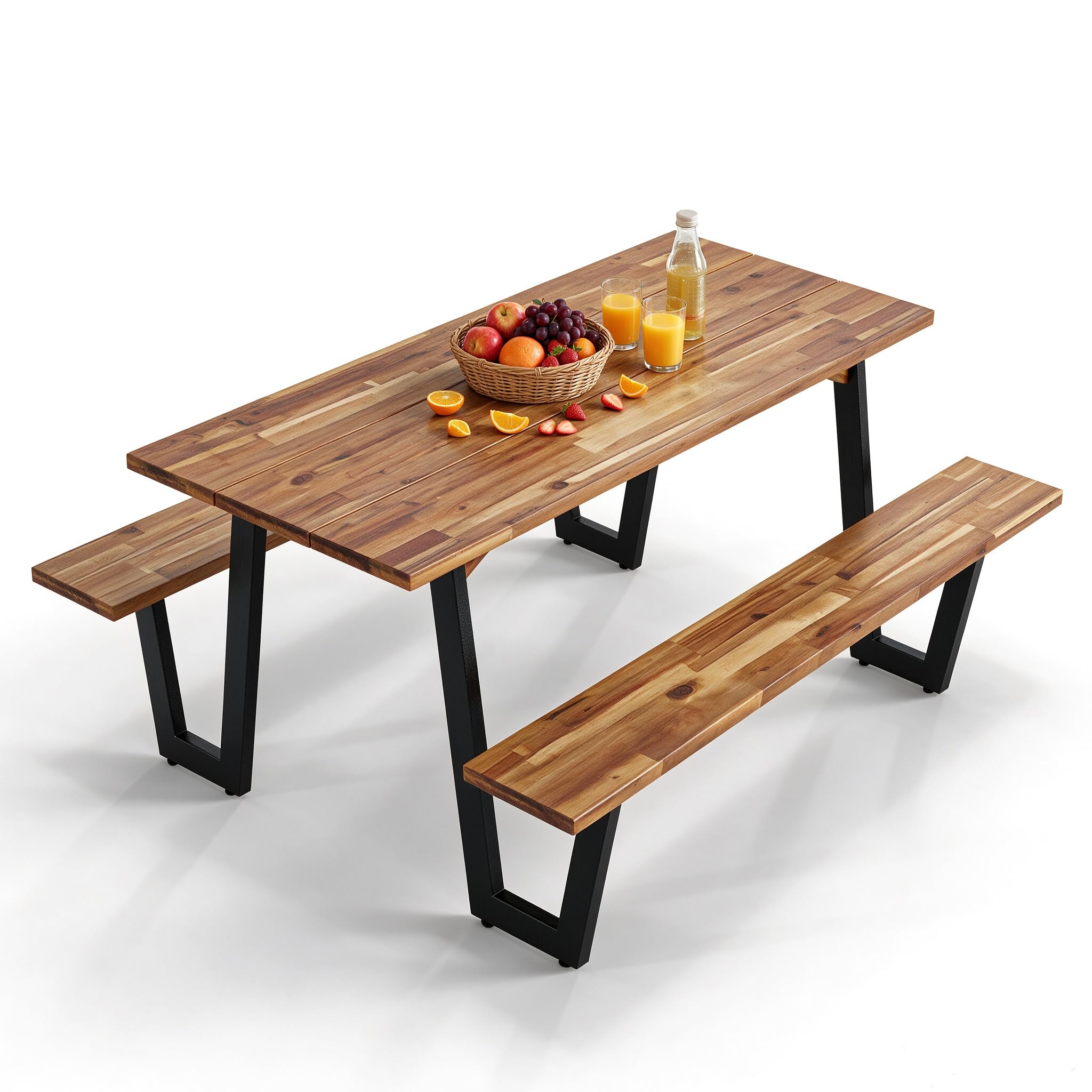 ORALNER Acacia Wood Picnic Table Bench Set w/2“ Umbrella Hole, 6-8