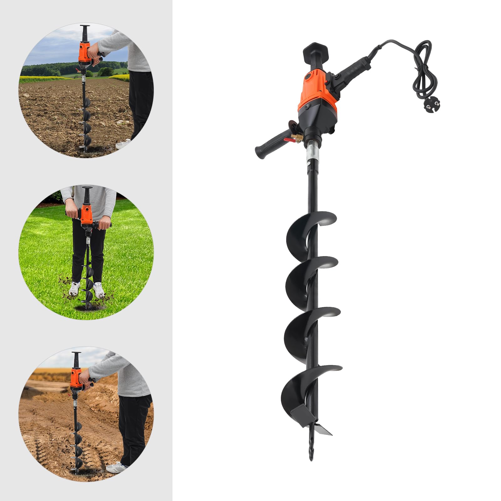 Broca eléctrica para tierra de 1900 W, 1000 RPM, profundidad de perforación de 80 cm, broca con 2 asas y 1 accesorio de perforación, broca para jardín, para granjas, parques, jardines