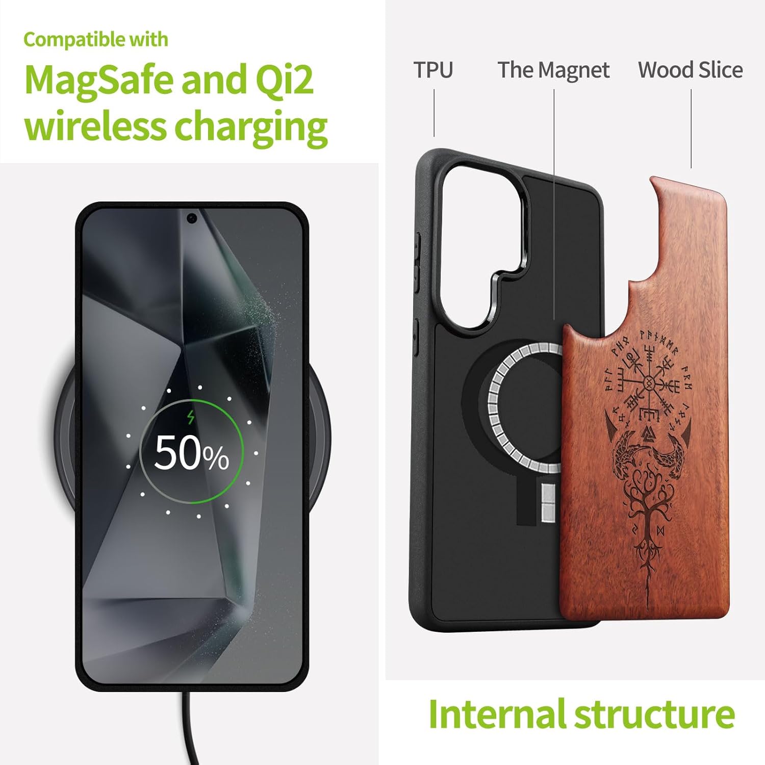 Carveit Magnetic Wooden Case for Samsung Galaxy S26 Ultra Case 2026, TPU Shockproof Cover & Wood Artisan Engraved, Compatible with MagSafe Wireless Chargers (The Guiding Vegvisir) Rosy