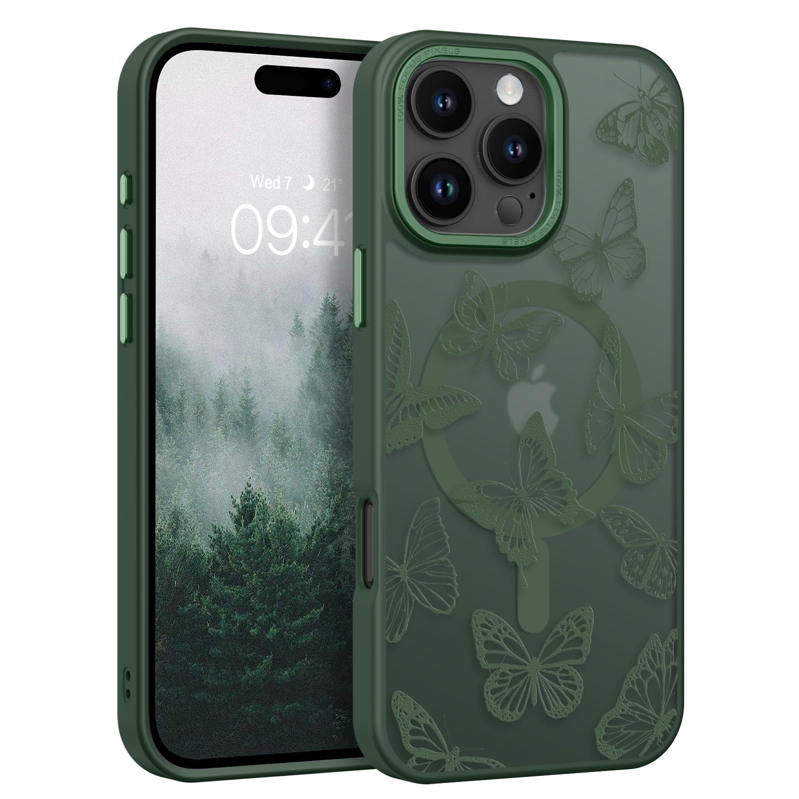 BENTOBEN for iPhone 16 Pro Max Case,Cute Butterfly Pattern iPhone 16 Pro Max Magnetic Case [Compatible with MagSafe] Translucent Matte Slim Protective Case for iPhone 16 Pro Max 6.9", Forest Green