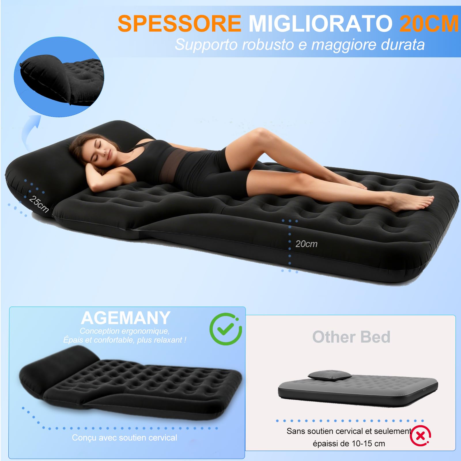 Materasso Auto, Universale Materasso ad aria per SUV MPV VAN nel bagagliaio 185x140x20cm, Mmaterasso Gonfiabile Auto Portatile e Comodo Campeggi Letto per Viaggi, Attività Interne ed Esterne (Nero)