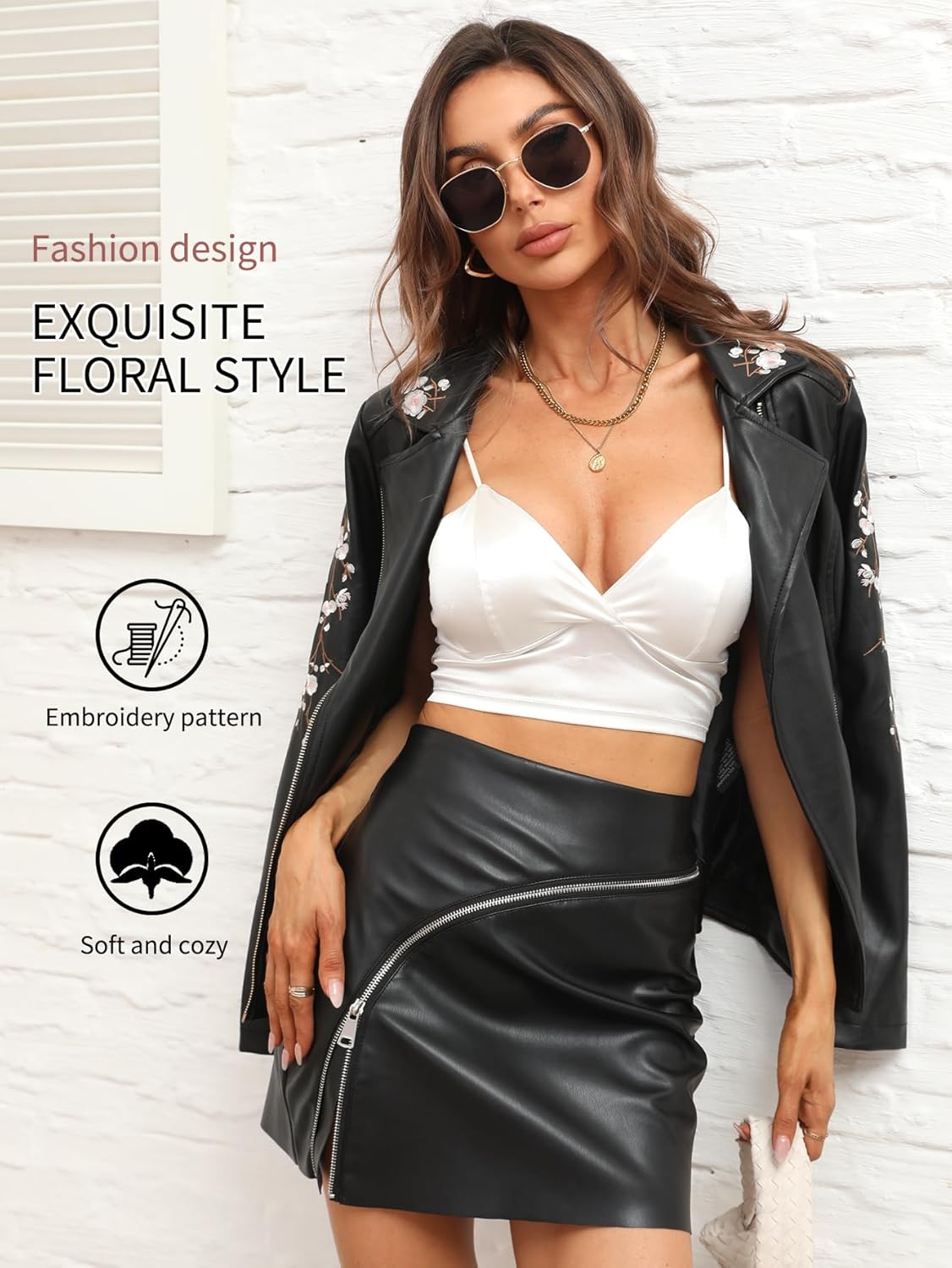 Bellivera Women Faux Leather Jacket Studded Rivet Floral Moto Biker Coat - Image 4