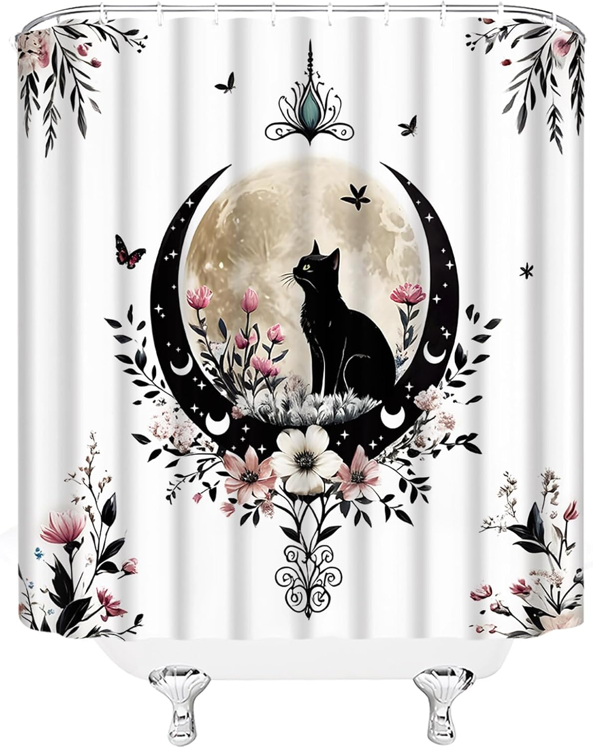 Boho Cat Shower Curtain Gothic Moon Phase Floral Witchy Mystic Wildflower Aesthetic Fabric Bathroom Decor Curtains with Hooks,Black White