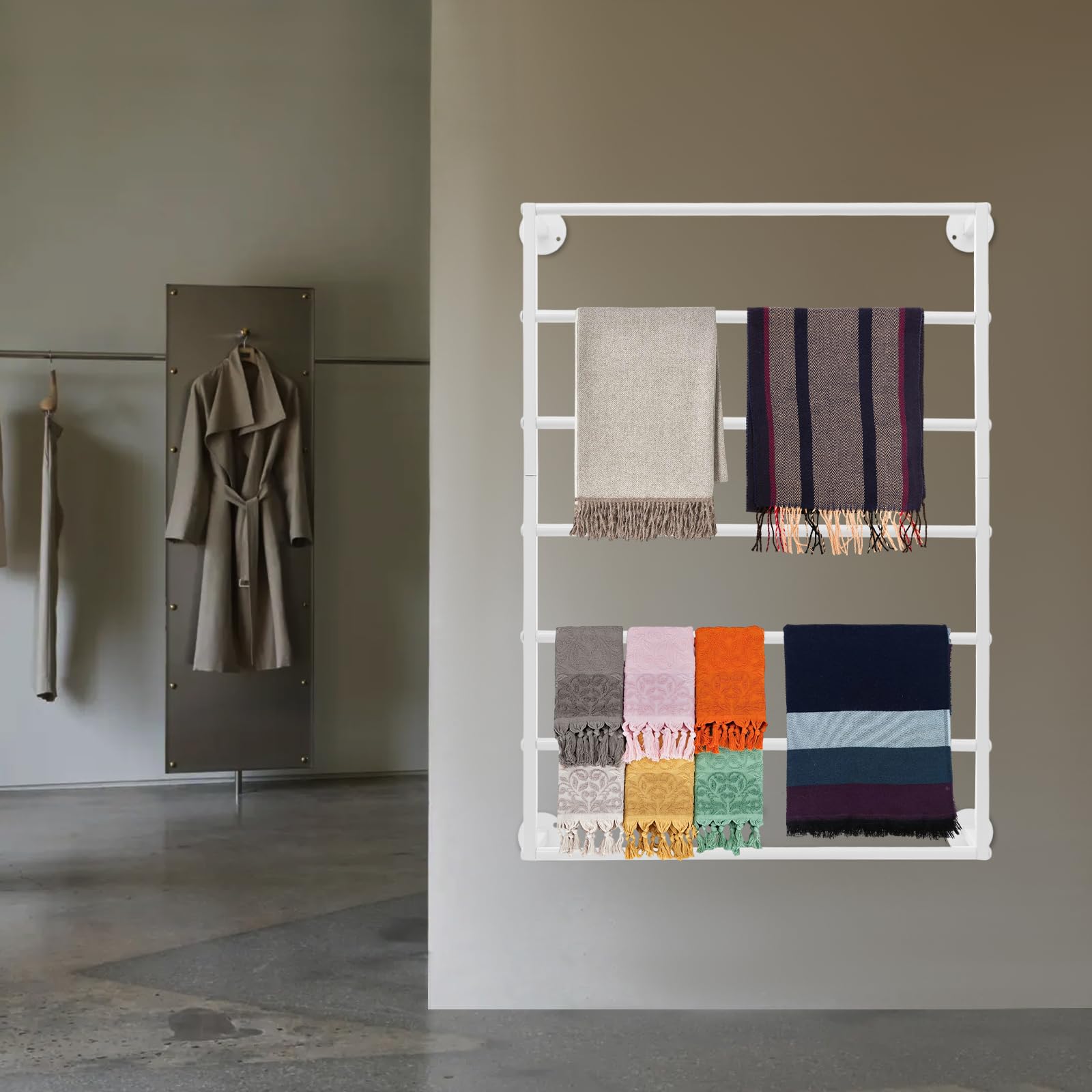 PSUFURV 7-Tier Ribbon Organizer, Wall Mount Ribbon Holder Organizer Rack 50 Pounds Load Bearing Capacity Wall Mounted Scarf Rack for Jewelry Store Bedroom Bathroom Flower Shop - White