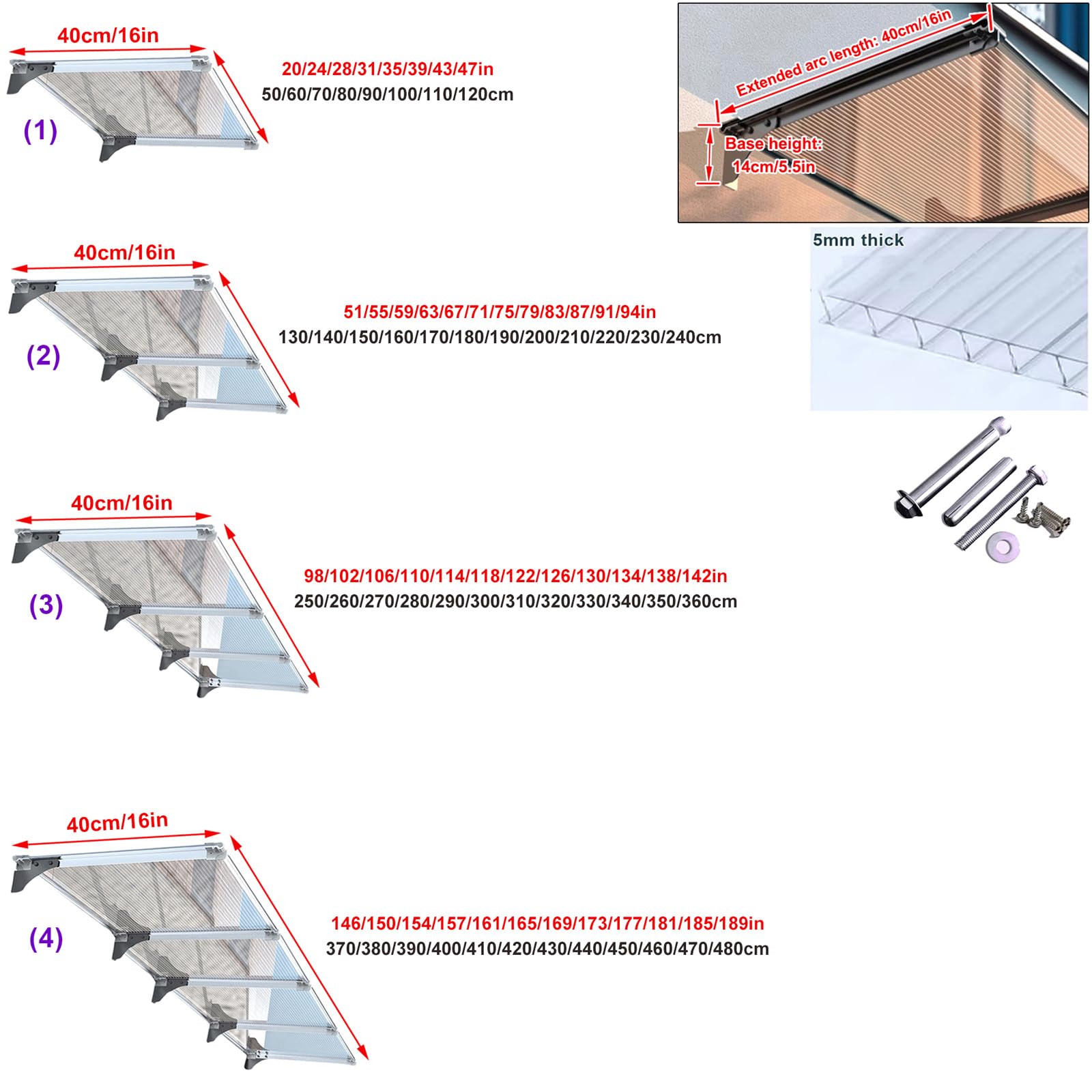 Transparenter Türüberdachung – Moderner Regenschutz aus Polycarbonat für Garten & Terrasse, UV-beständige Eingangsabdeckung mit 5 mm Doppelstegplatten, anpassbare Größe (40 x 360 cm/16 x 142)