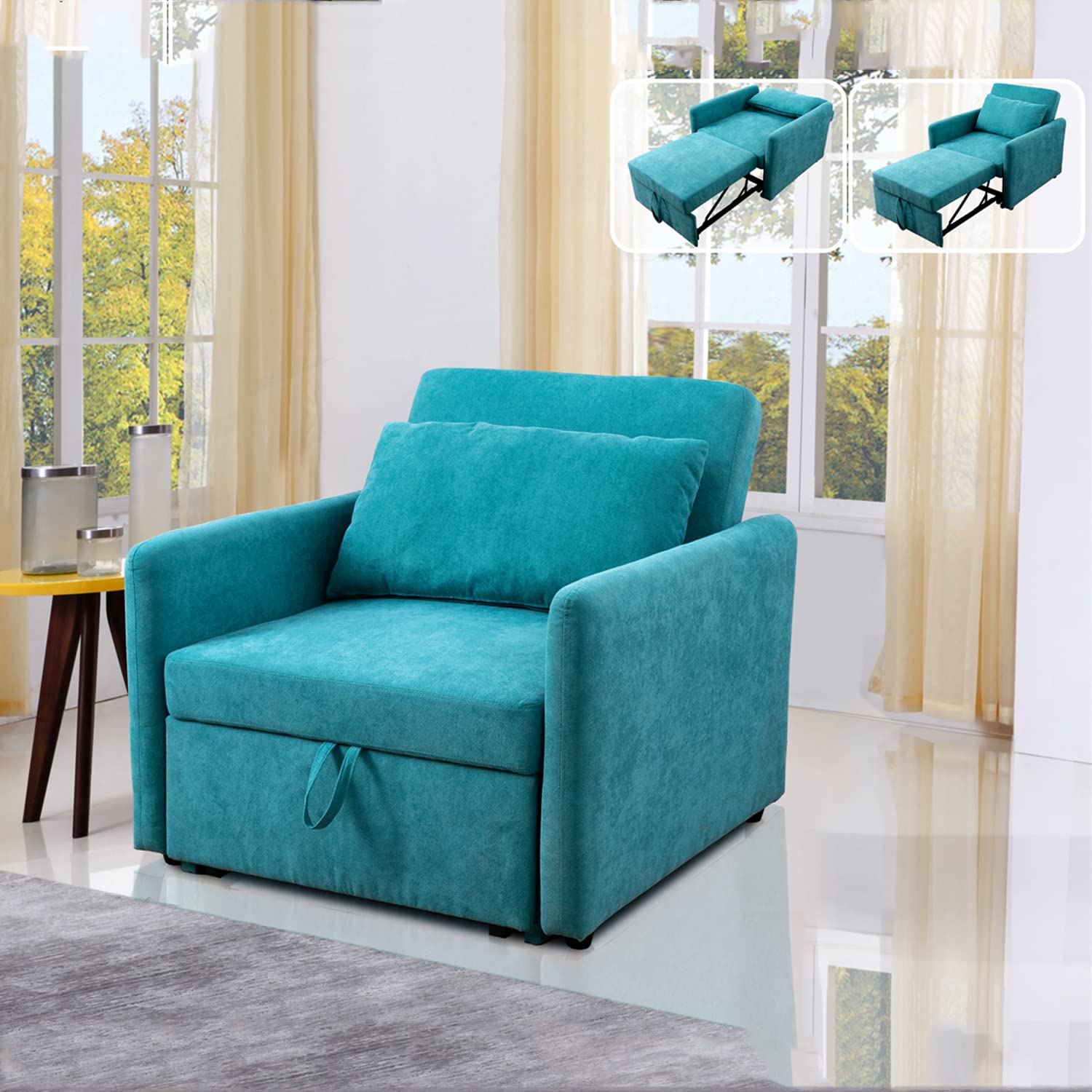 A AinehomeSofas and Couches Convertible Sofa Bed with Storage Pocket, Flannelette Loveseat Sleeper Sofa Couch with Pull-Out Bed for Small Space Sofa(Chair, B-Green)