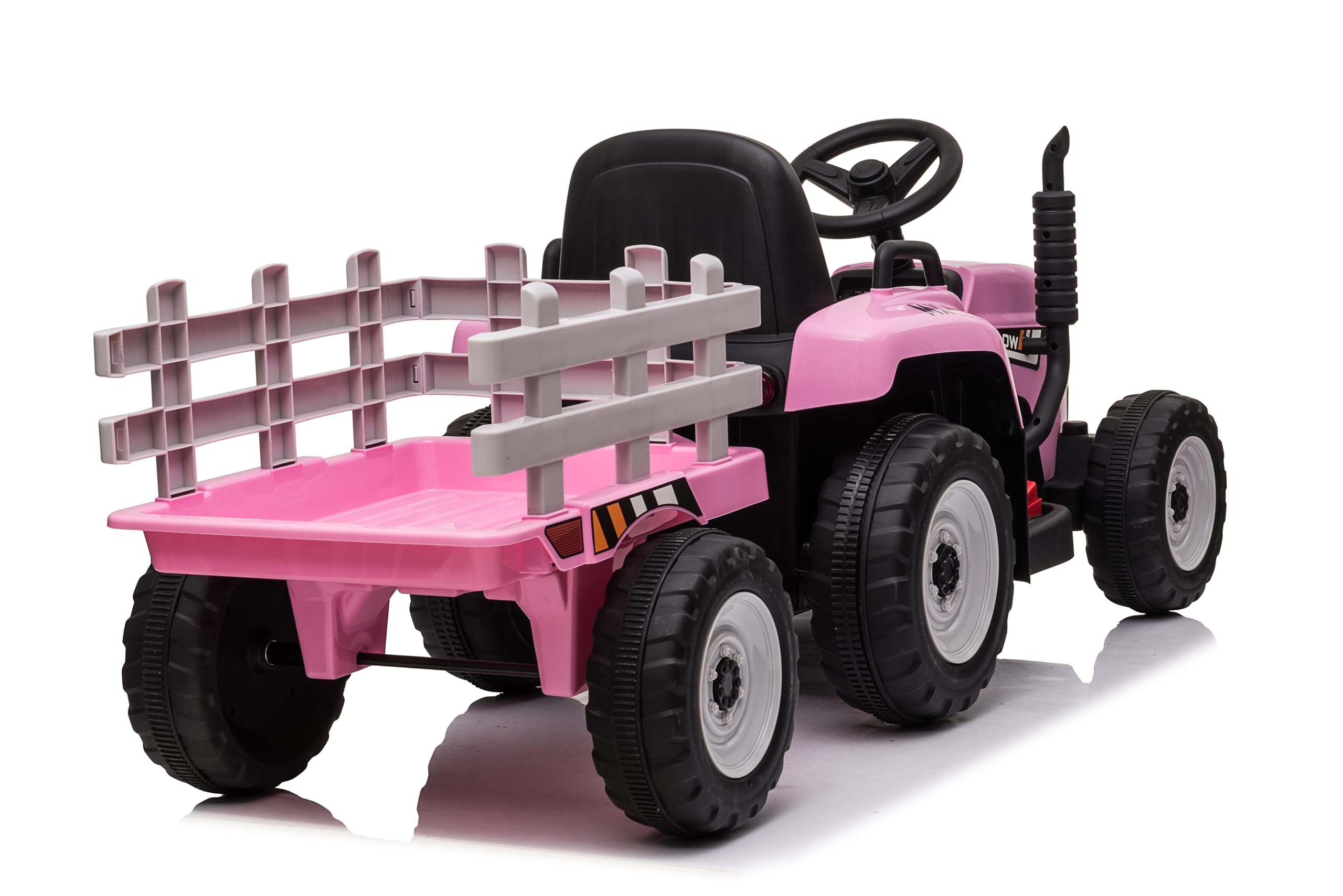 FINOOS 12V Tracteur Électrique Enfants avec Pelle & Remorque Amovible, Télécommande 2,4G, 2-6km/h, Rose