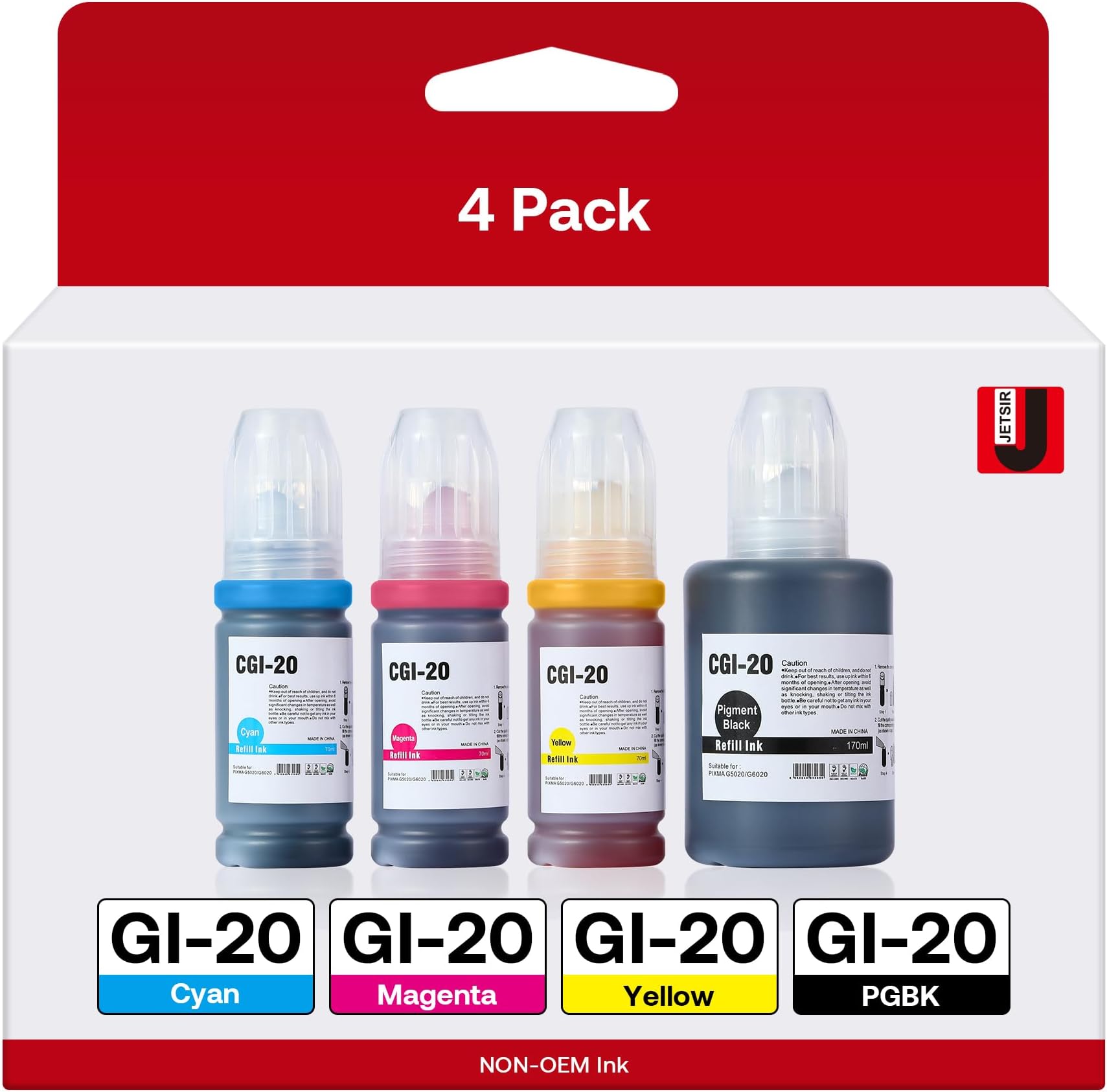 GI-20 GI20 Refill Ink Bottles Kit Compatible with Canon G6020 G7020 G5020 MegaTank Printers, 4-Pack (170ML GI-20 Black, 70ML GI20 Color)