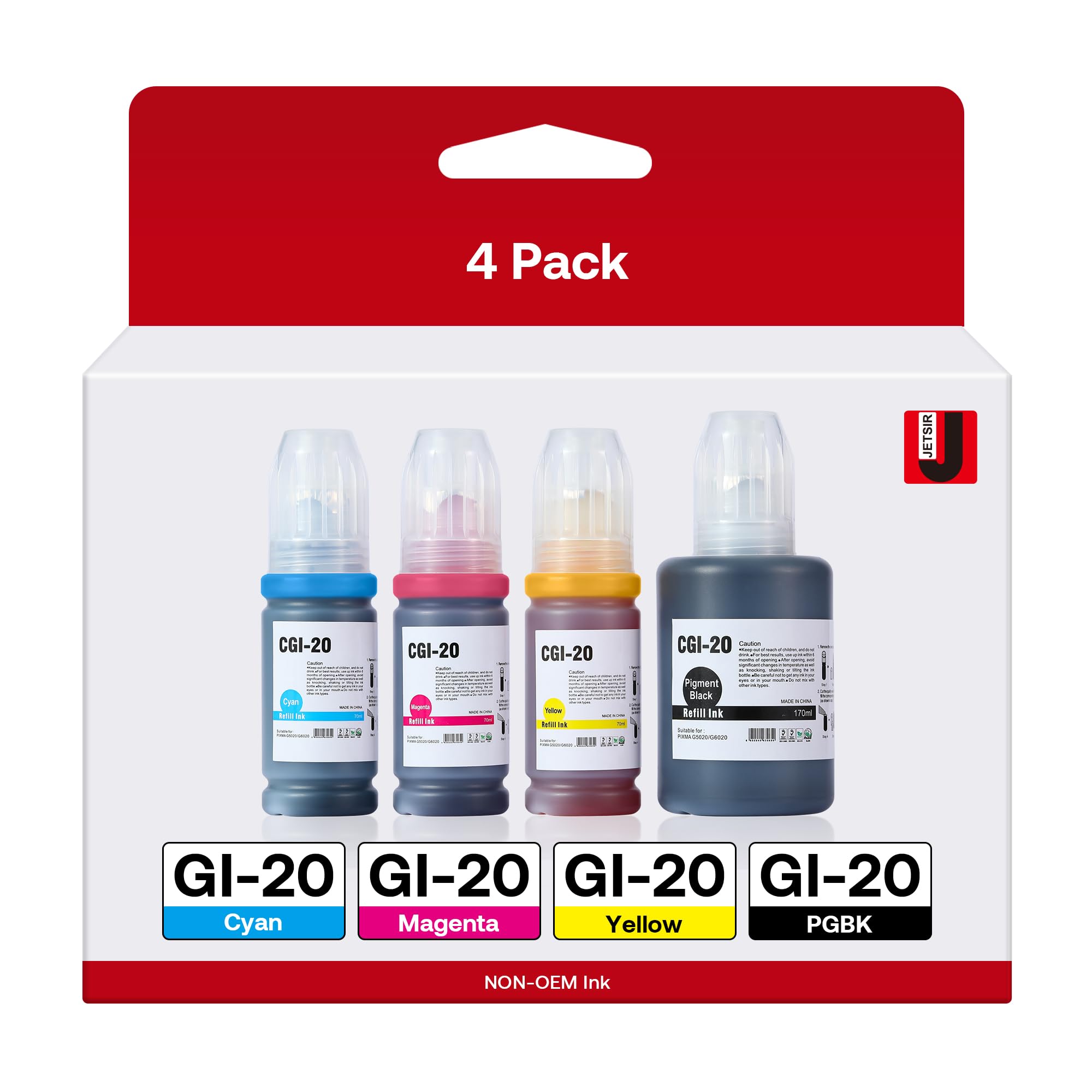 GI-20 GI20 Refill Ink Bottles Kit Compatible for Canon PIXMA G6020 G7020 G5020 MegaTank Printers, 4-Pack (170ML GI-20 Black Refill Ink, 100ML GI20 Color Refill Ink Bottle)