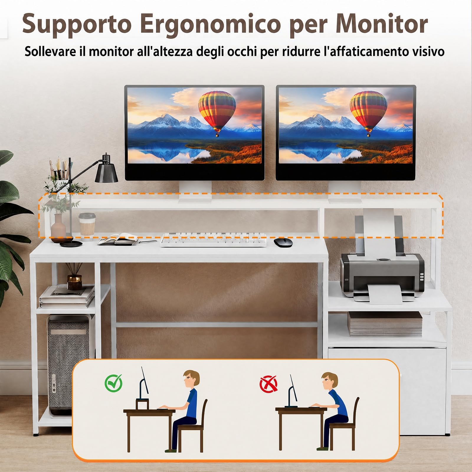 COSTWAY Scrivania Gaming Salvaspazio con Stazione di Ricarica (Bianco) | Scrivania con Ampio Piano, Cassetto con Ruote, Supporti per PC, Monitor e Stampante, per Ufficio e Casa