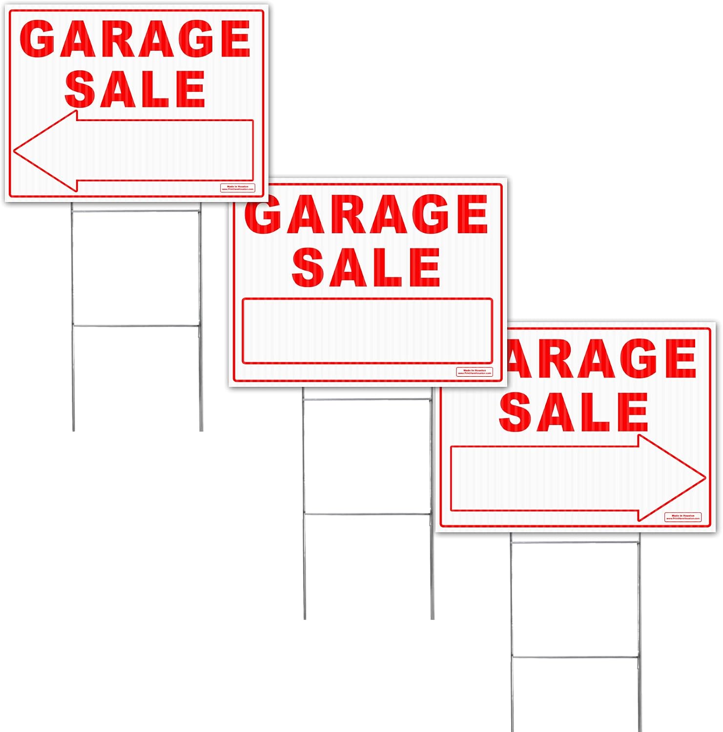 Large Garage Sale Sign Kit with Tall Stands - Printed Double (Both) Side - Include (1x) 24" x 18" Yard Sign with (2X) Directional Left or Right Arrow + (3X) 24" Tall Wire Stakes
