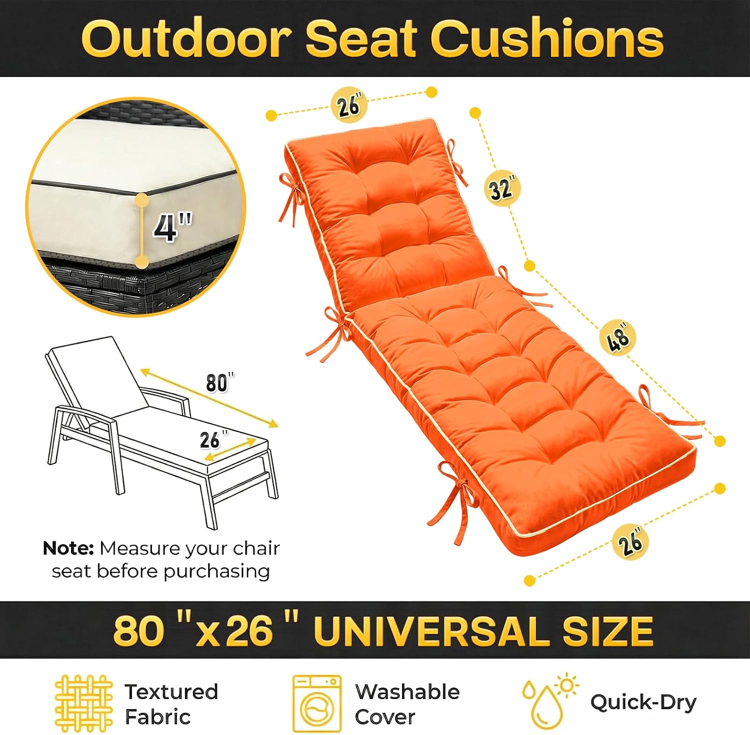 2 Pack 80x26 Inch Folding Chaise Lounge Cushion Quick Dry - Outdoor Sun Lounger Seat Pad with Shredded Foam for Patio Furniture, Deck Chairs, Poolside (SUNSET TANGERINE, 80 INCH × 26 INCH- 2 PACK)