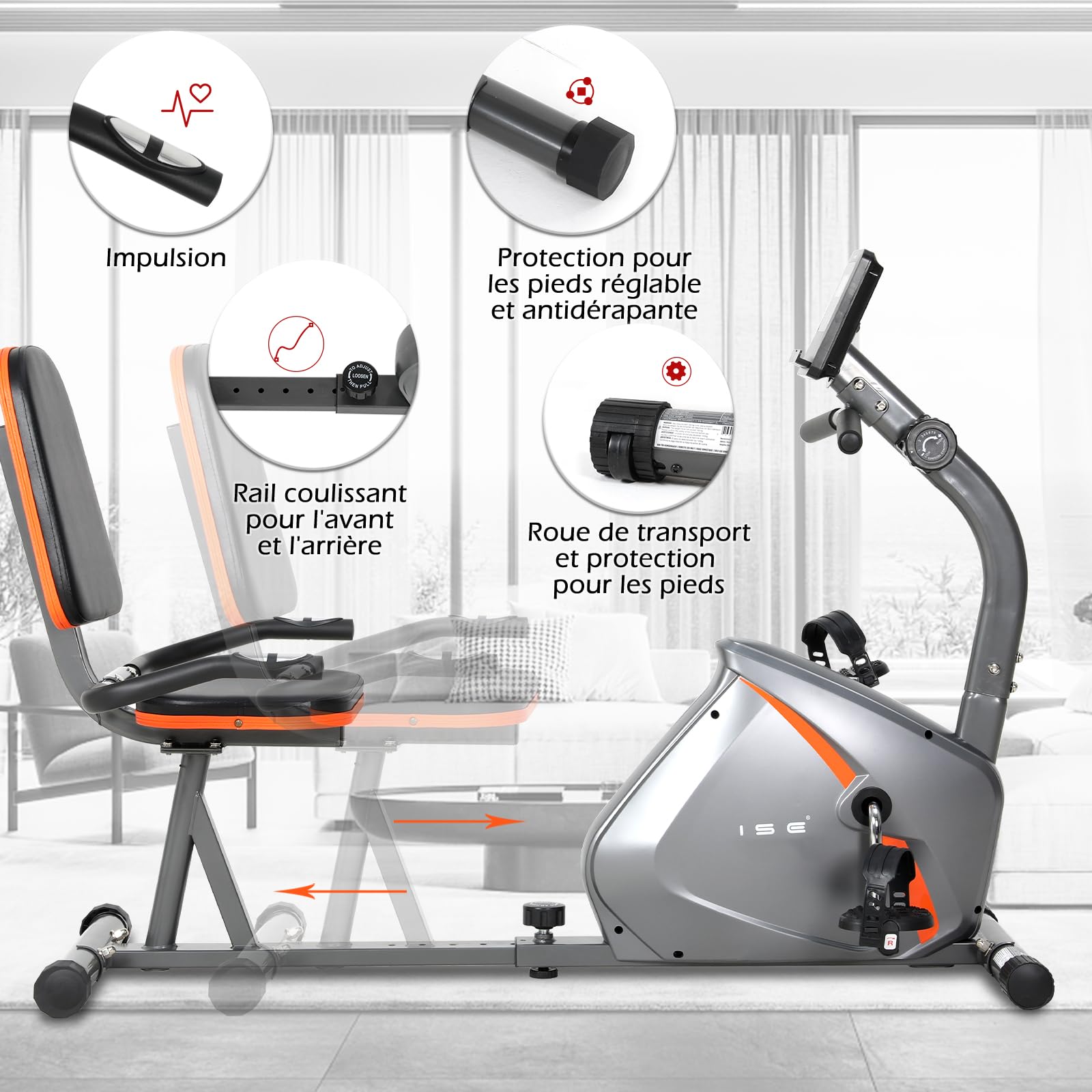 ISE Vélo d'Appartement Semi-Allongé Vélo Couché avec Frein Magnétique, Roues de Transport, Capteurs d'Impulsion, l'Ecran LCD, 8 Niveaux de Résistance Réglables, Velo d appartement Semi Allongé
