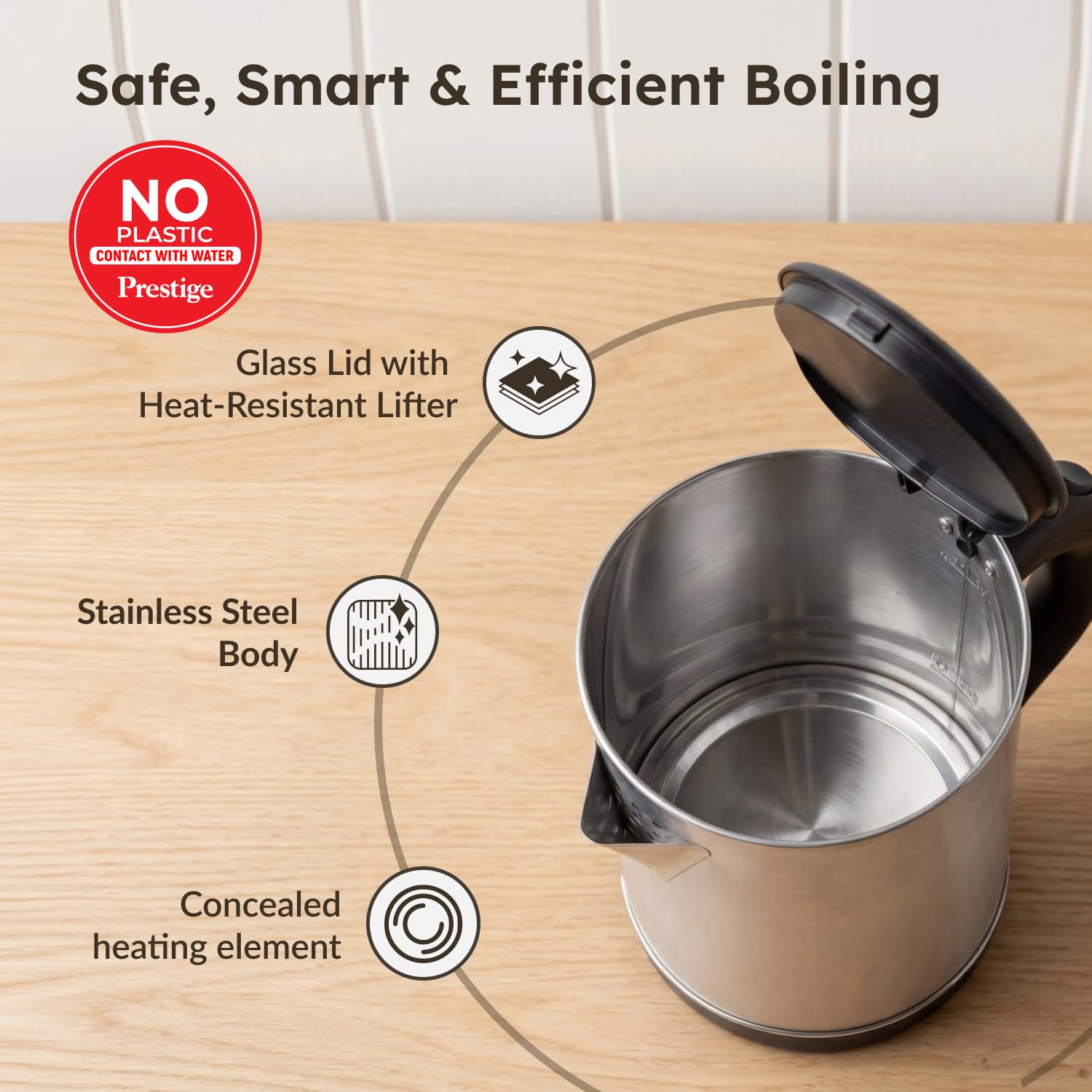Prestige 1.7L PKGSS Stainless Steel Electric Kettle | 1350 Watts | Glass Lid with heat resistent handle | Single Touch lid locking |Automatic Cut Off | Silver 4