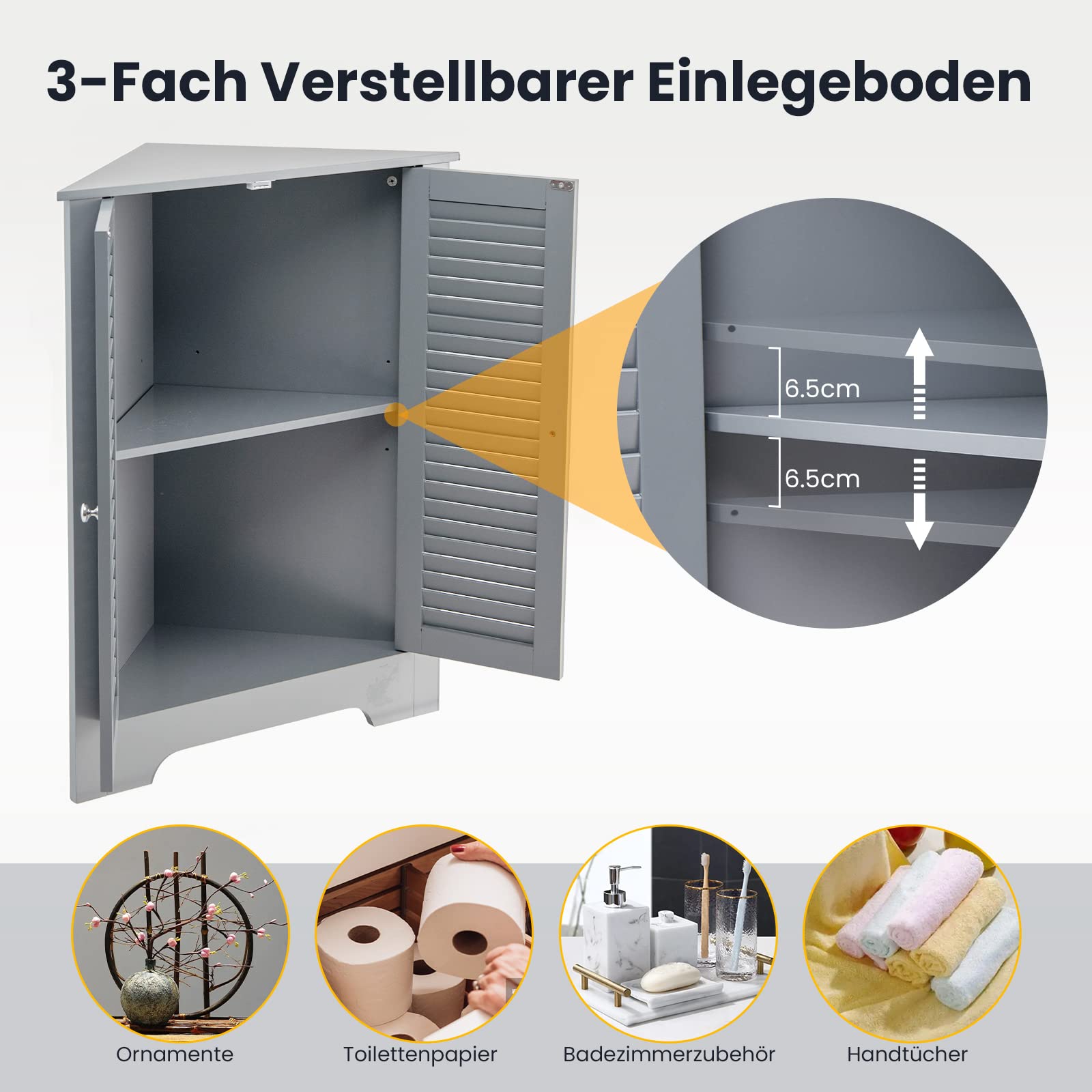 COSTWAY Badezimmerschrank Ecke, Eckschrank Bad mit 2 Lamellentür, Badschrank Unterschrank Holz, Aufbewahrungsschrank für Badezimmer, Küche, Wohnzimmer, 45 x 45 x 81,5 cm, grau