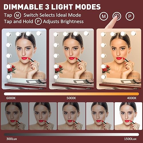 Miniatura 2 de Hollywood - Espejo de maquillaje con luces, 15 bombillas LED regulables, 3 modos de iluminación de color, espejo de maquillaje iluminado con puerto