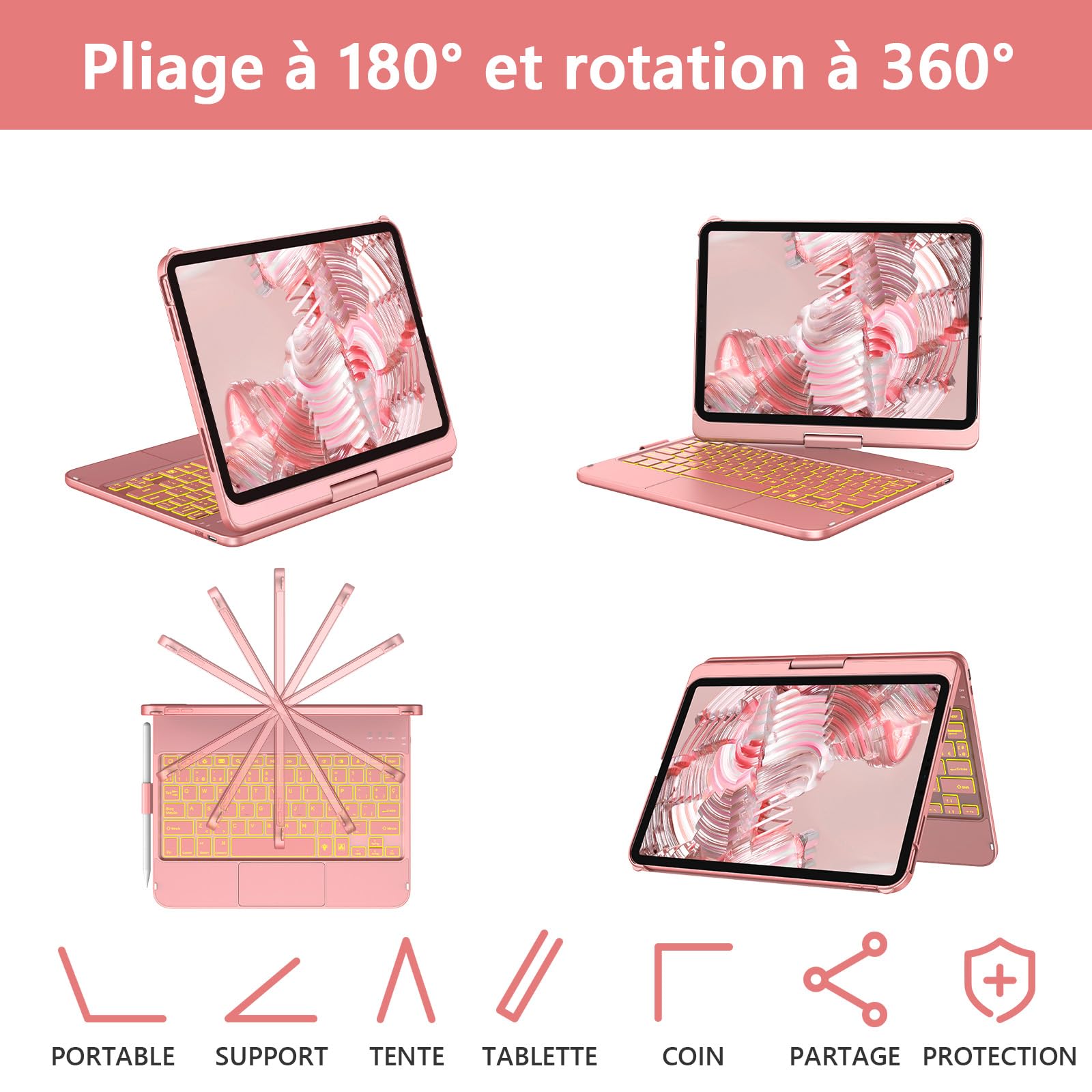 KBCASE Clavier pour iPad A16 11/10 Ème Generation avec Pavé Tactile (11 Pouces 2025/10.9 Pouces 2022), 360° Rotatif, 7 Couleurs Rétroéclairées avec Porte Crayon, AZERTY pour iPad 10eme/11eme, Or Rose
