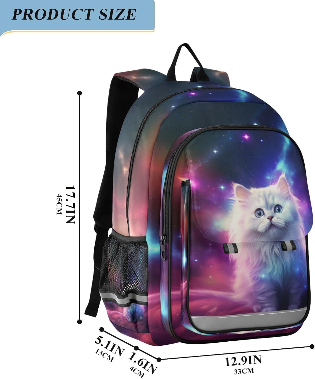 senya Cat Backpack for Boys Girls, White Cat in The Galaxy Backpack Students Bookbag Daypack for School Primary Teens