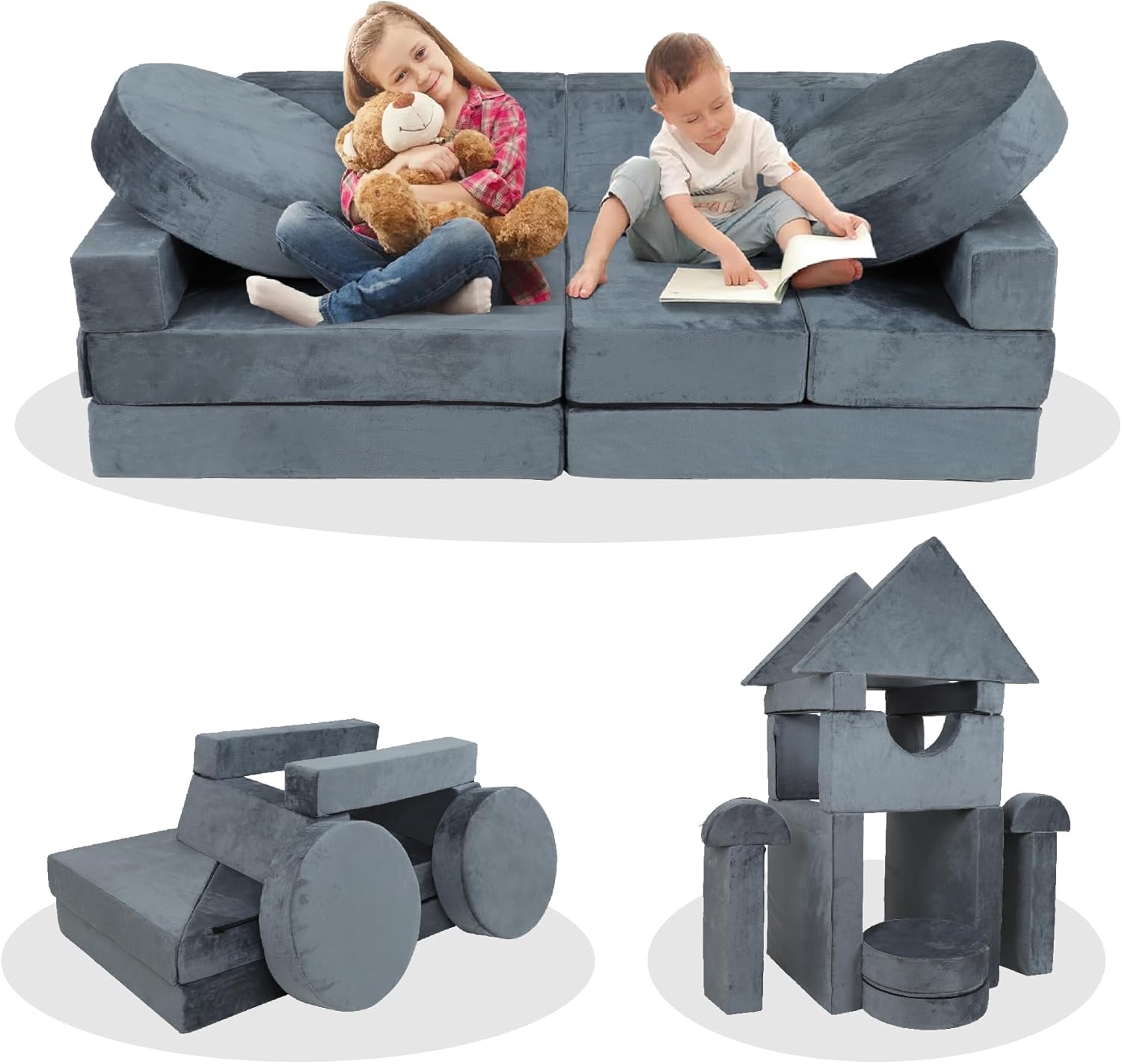 14Pcs Modular Kids Play Couch, Child Sectional Sofa Imaginative Furniture Play Set for Creative Kids, Toddler to Teen Bedroom Furniture, Girls and Boys Playroom Convertible Sofa (Cotton, Grey)