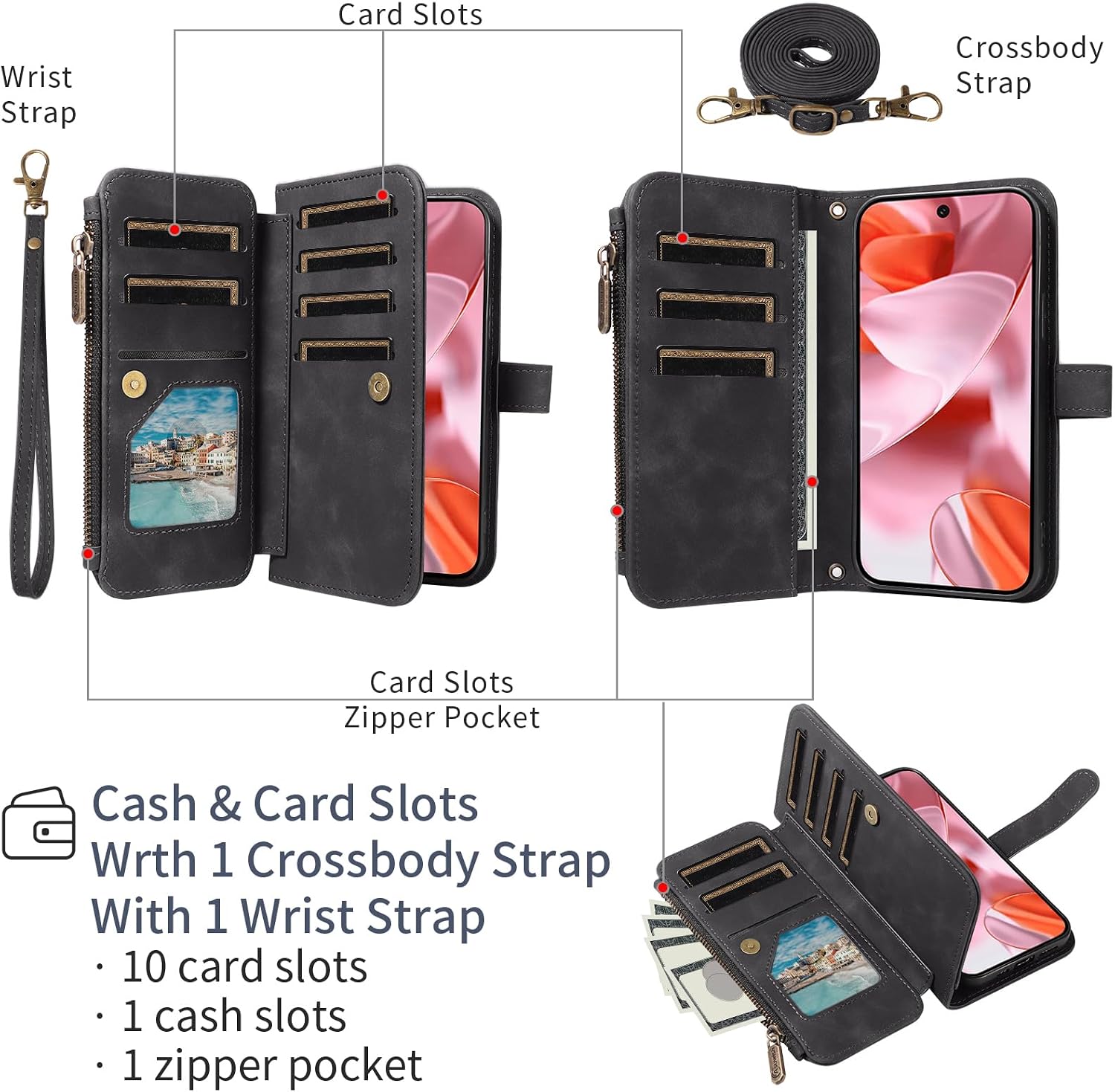 Asuwish Phone Case for Google Pixel 9/9 Pro 5G Zipper Wallet Cell Cover with Tempered Glass Screen Protector Crossbody Wrist Strap Flip Credit Card Holder Purse Slot Pixel9 9Pro Nine Women Men Black