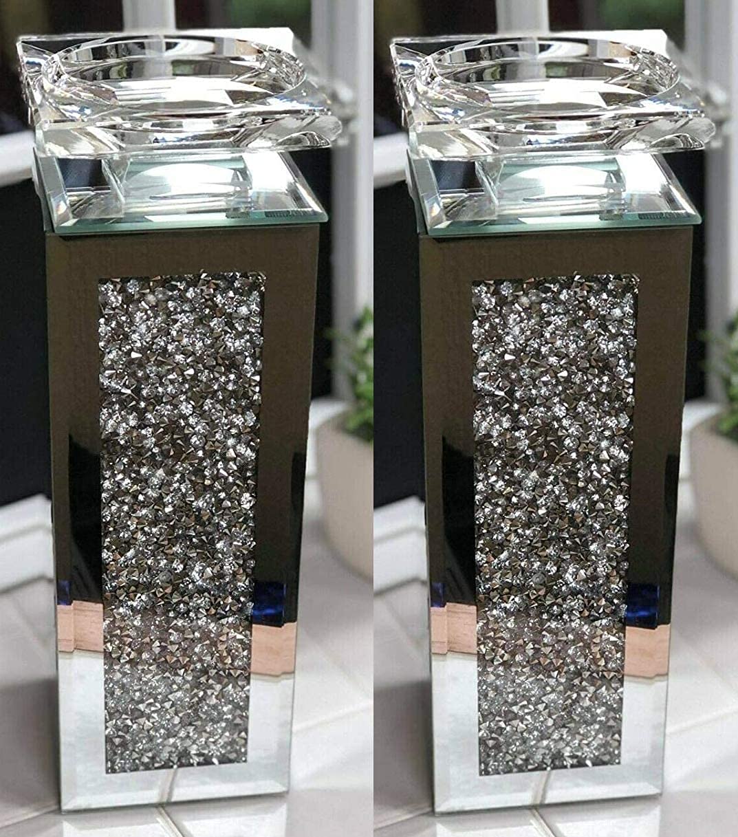 Biznest Light Set Of 2 Tall Pillar Diamante Mirrored Crystal Candle Holder Tea Holder- An Elegant Addition To Your Home- Best Gift 25Cm