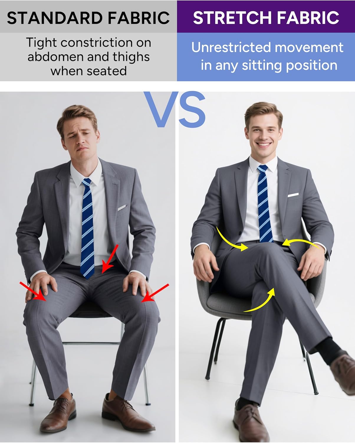 Mens Stretch Suit Slim Fit 3-Piece, 2 Buttons Jacket Vest Adjustable Waist Pants - Image 4