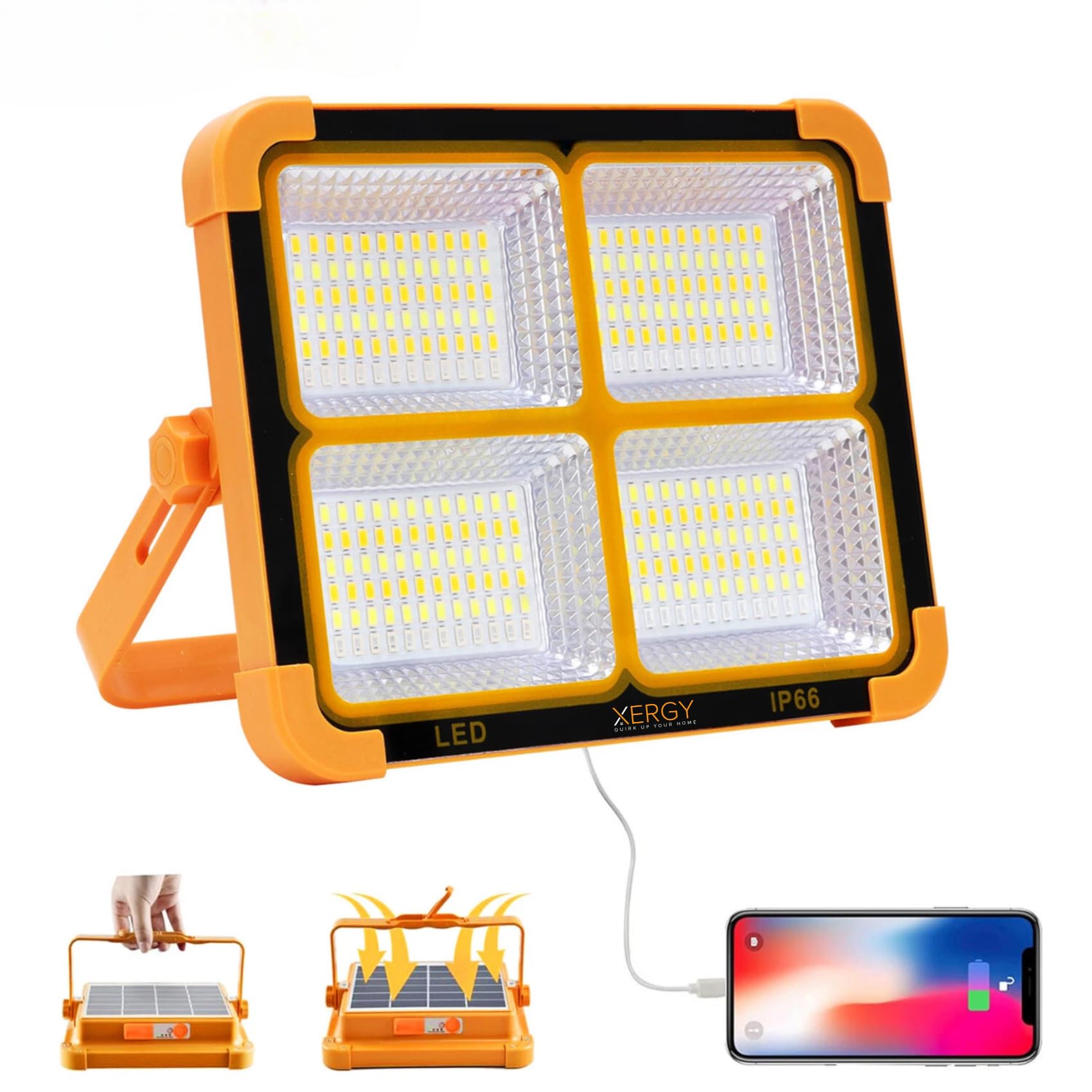 XERGY USB & Solar Rechargeable LED Flood Light - 288 LED's Portable & IP66 Waterproof Outdoor Light for Garden, Camping, Garage, and Emergency Use-image-19