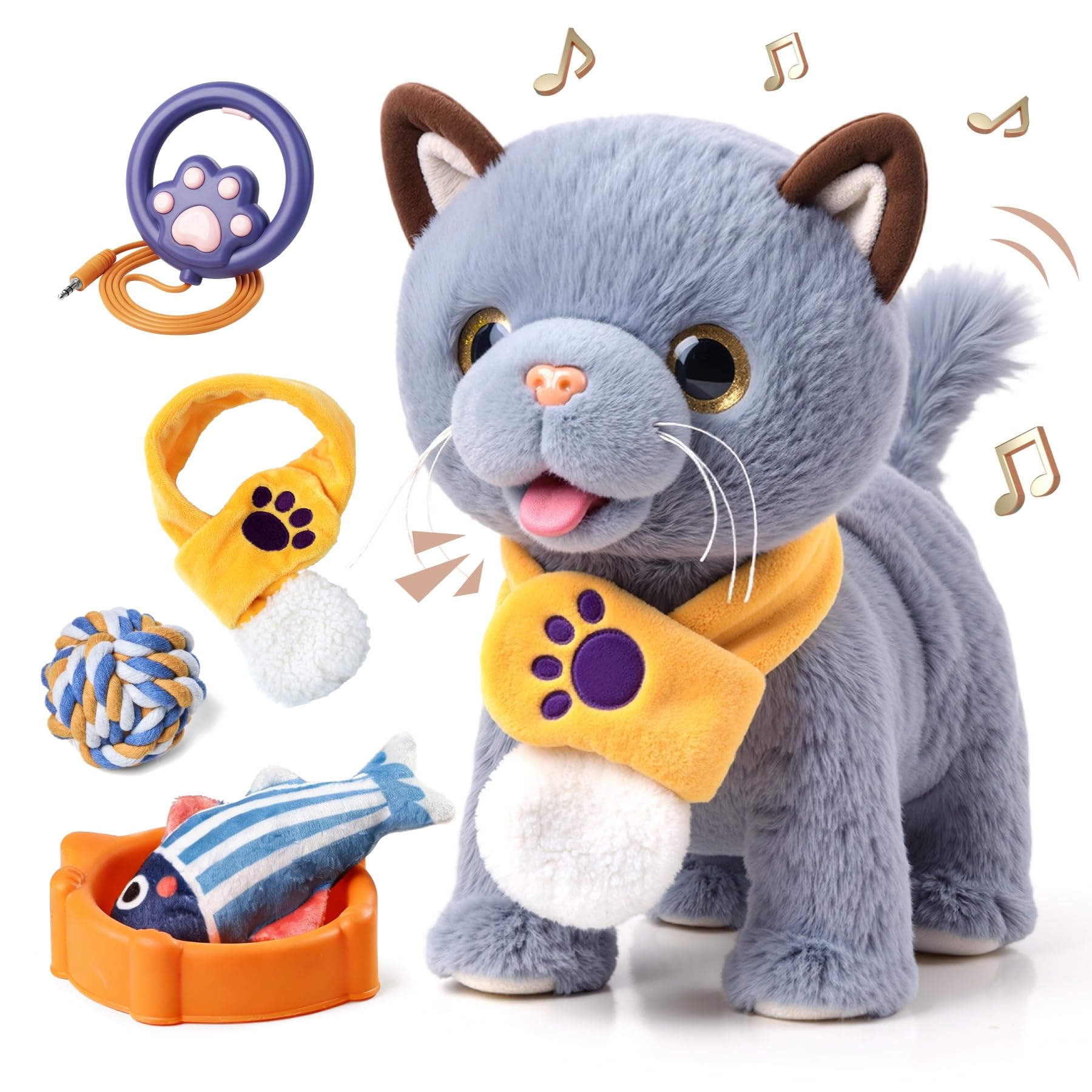 TUMAMA KIDS Interactive Cat Toy For Kids With 6 Music, Cuddling Kittens With Remote Control Rope Running And Belling, Plush Animal Electronic Kitten Pet From 2 3 4 5 6 - Walking, Miaut, Cock Weddle