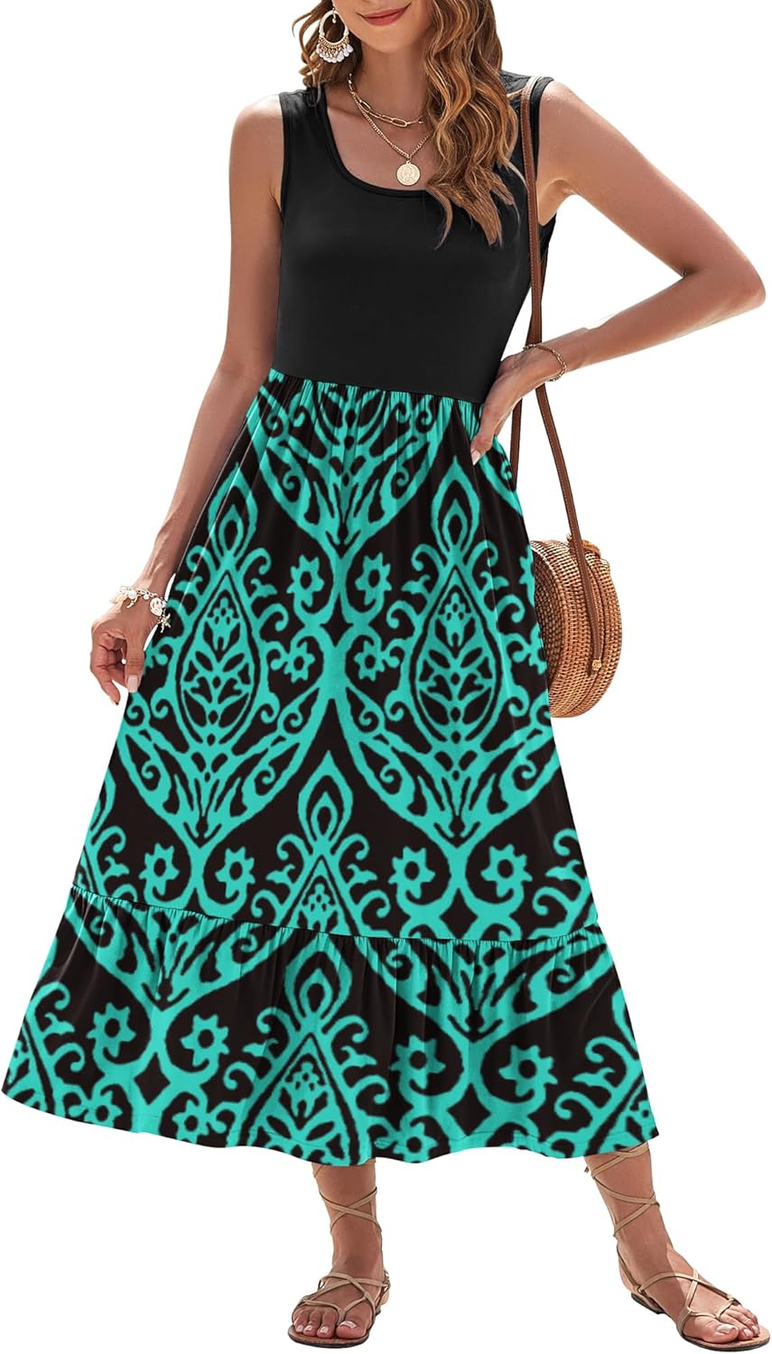 AUSELILY Womens Summer Dresses 2025 Sleeveless Maxi Dress Square Neck Casual Tiered Long Dress with Pockets