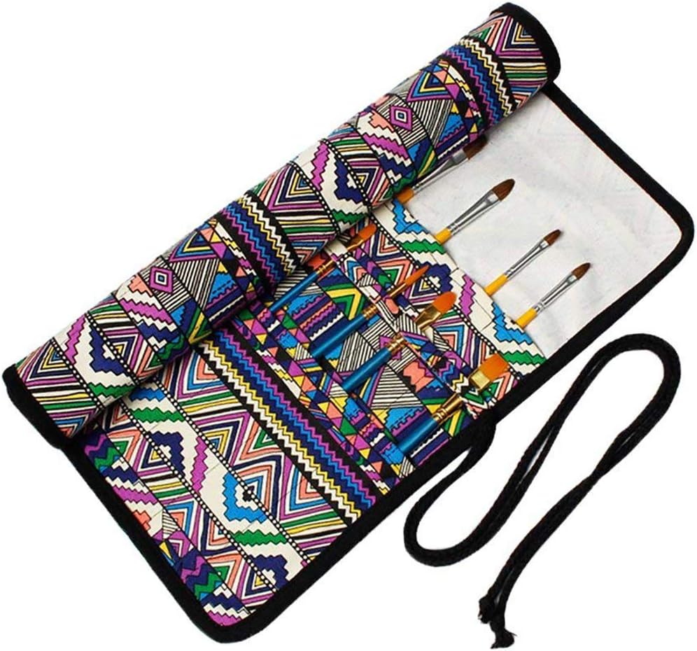 Paintbrush Holder Case, Foldable Paint Brush Bag for oil/watercolour/acrylic brushes, Artist Organiser, Roll Up Pouch Canvas, Purple Stripes