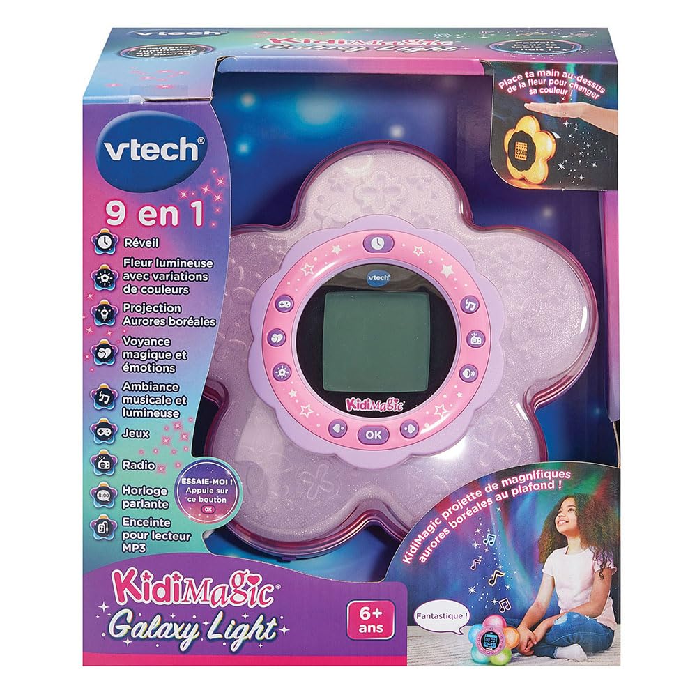 VTech KidiMagic Galaxy Light Rose Radio Réveil Enfant 9 en 1 Effets Lumineux Projection Aurores Boréales Enceinte Jeux