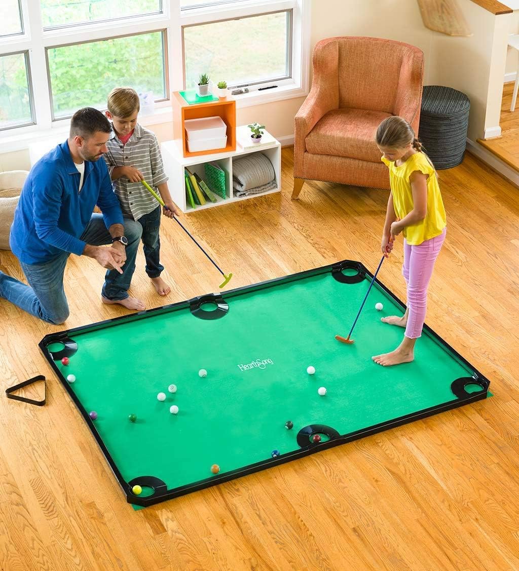 HearthSong Golf Pool Indoor Family Game-Includes Two Golf Clubs, 16 Golf Balls, Six Pockets, Green Mat, and Rails : Toys & Games