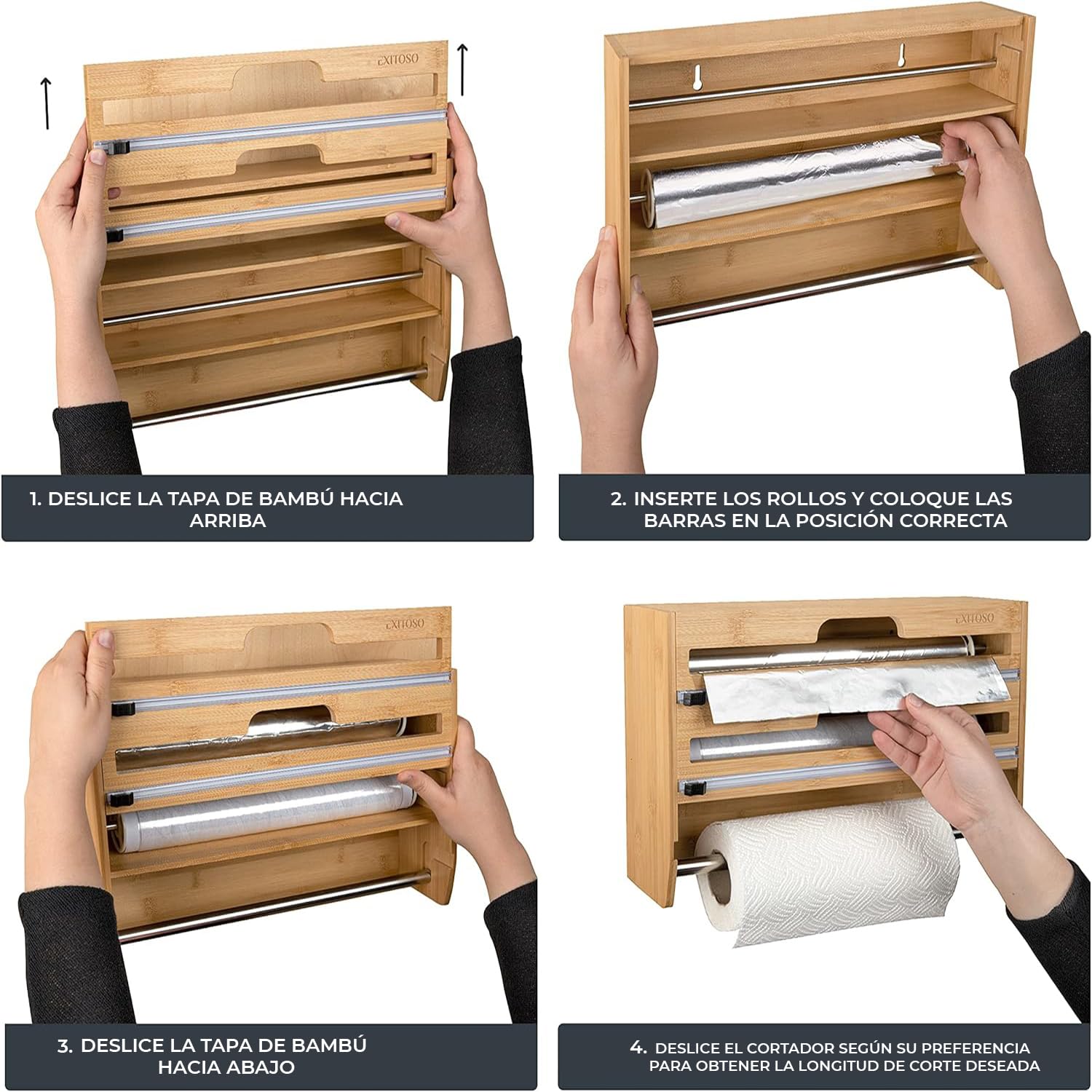 EXITOSO Zewa - Cortador de papel de aluminio de bambú, soporte para rollos de pared para cocina, dispensador de papel de cocina, sin taladrar, madera, soporte para rollos de cocina