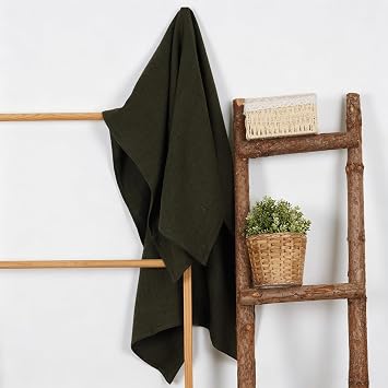 100% Pure Linen Waffle Weave Bath Towel with Hanging Loop, Green