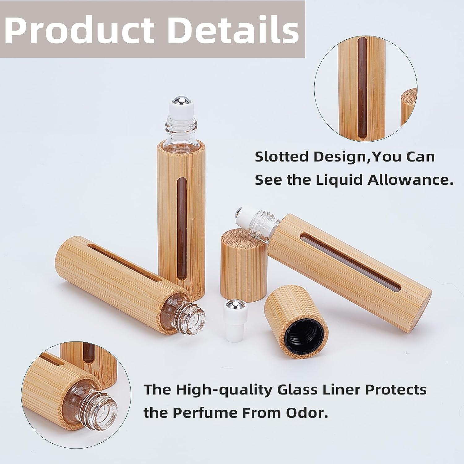 NICENEEDED 4 PCS Bamboo Roll on Bottles with Stainless Steel Roller Ball and 2 Droppers, 10ml Protable Essential Oil Bottles, Reusable Refillable Rerfume Container for Travel DIY