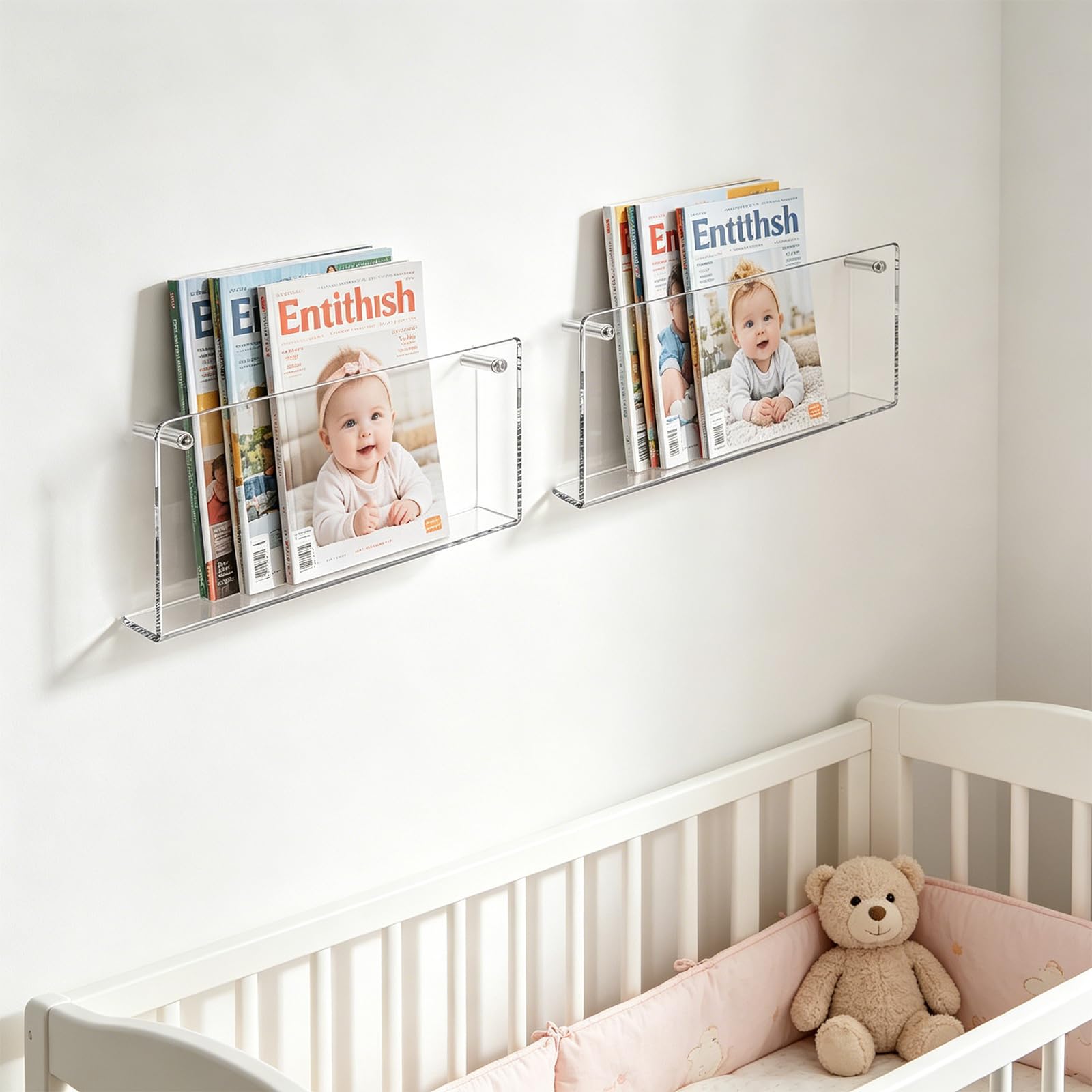 Revistero de acrílico para pared, 2 unidades, 40 cm, estante transparente para folletos, estantería para libros, organizador para oficina, carta, dormitorio, escuelas, sala de estar