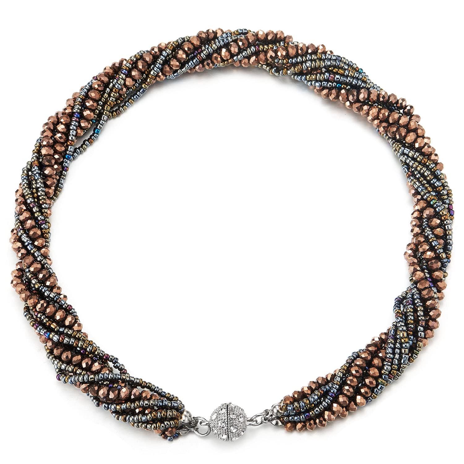 COOLSTEELANDBEYONDMulti-Layer Beads Crystal Braided Chain Choker Collar Magnetic Clasp,Statement Necklace, Bracelet