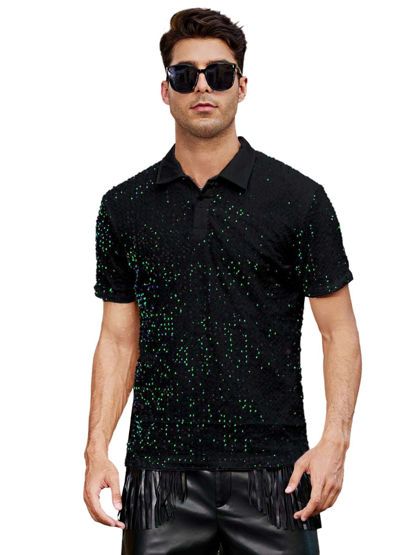 WDIRARA Men's Contrast Sequin Stand Collar Shirt Short Sleeve Party Polo Shirt Top