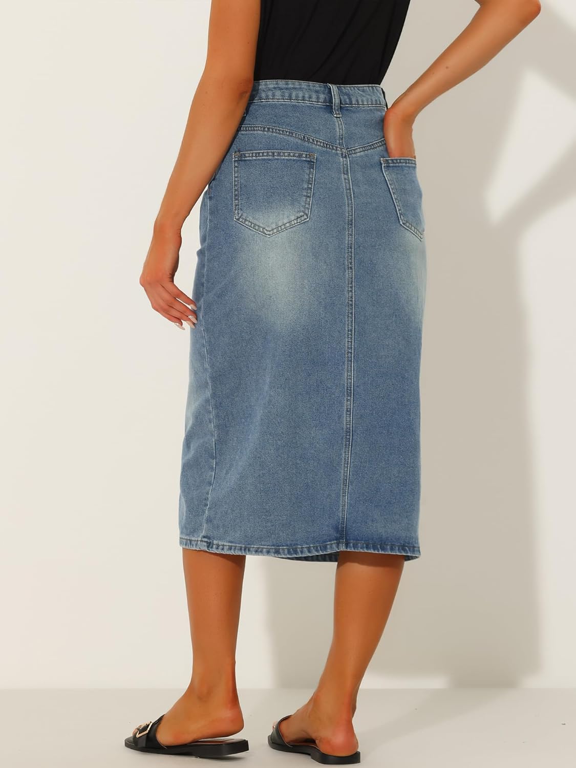 Allegra K Denim Skirt for Women's High Waist Slit Front Washed Jean Midi Skirts with Pockets - Image 2