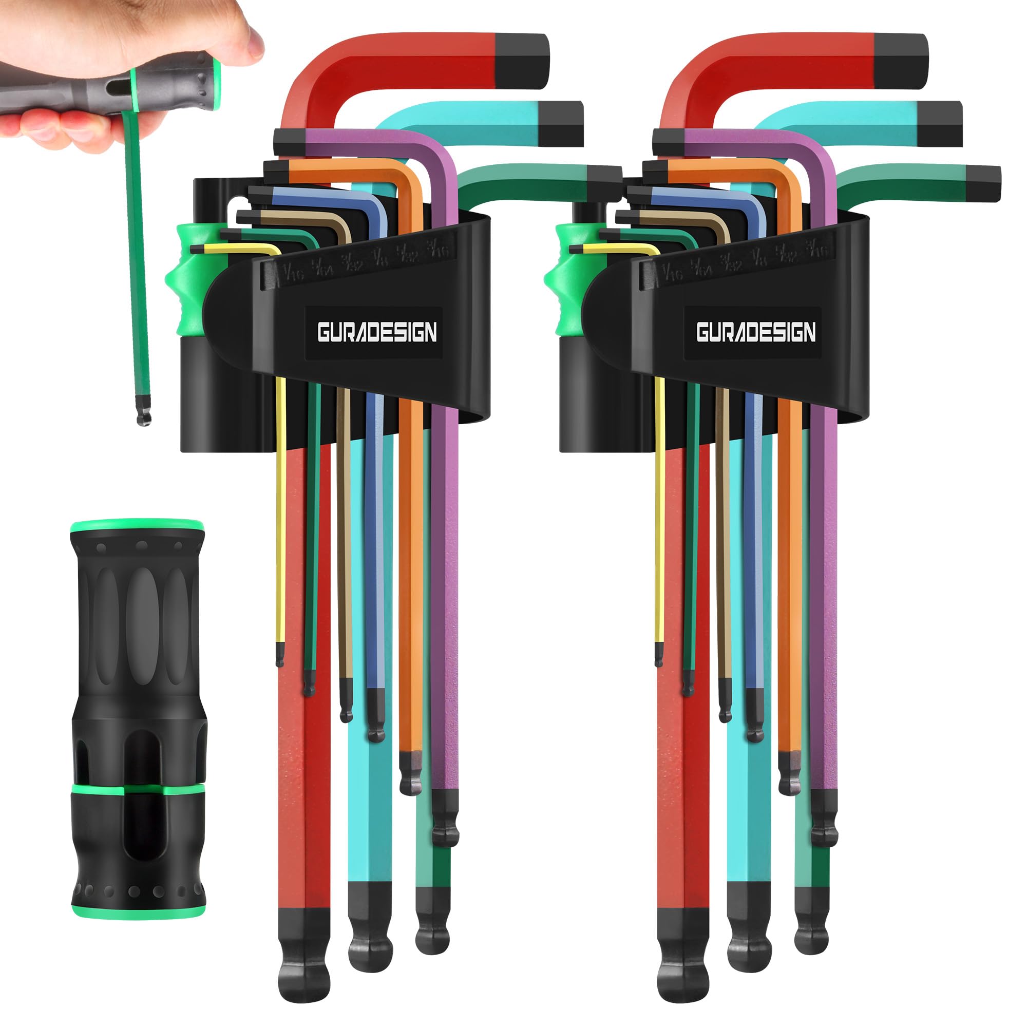 GURADESIGN19-Piece Allen Key Set, Hex Key Set,Metric and SAE Alan Keys Sets Extra Long with Ball End T-Handle, MM(1.5mm-10mm),SAE(5/64"-3/8") Chrome Vanadium Steel