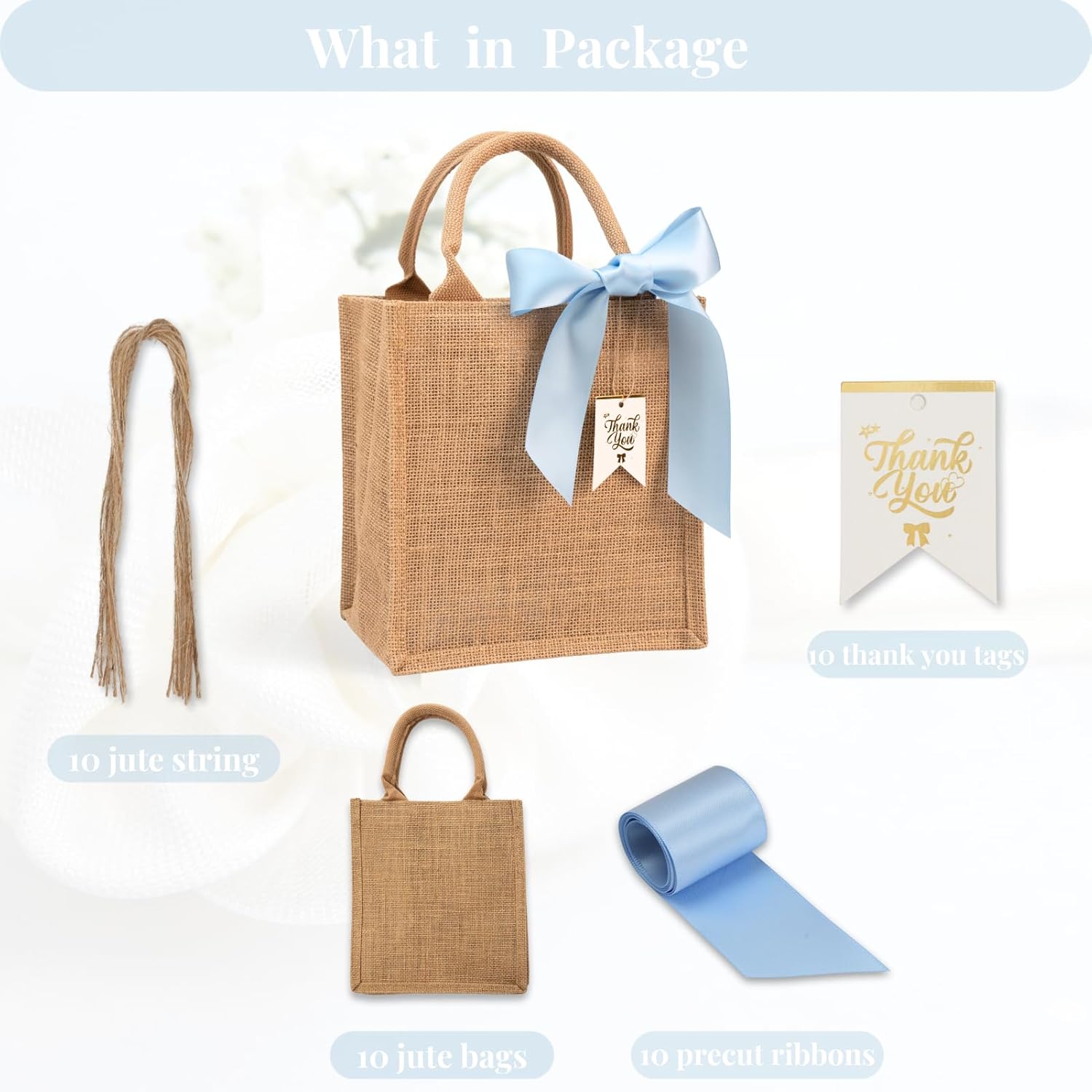 10 Pack Small Burlap Gift Bags with Blue Ribbons for Bachelorette, Bridesmaid, Wedding Welcome Reusable Jute Tote - Image 4