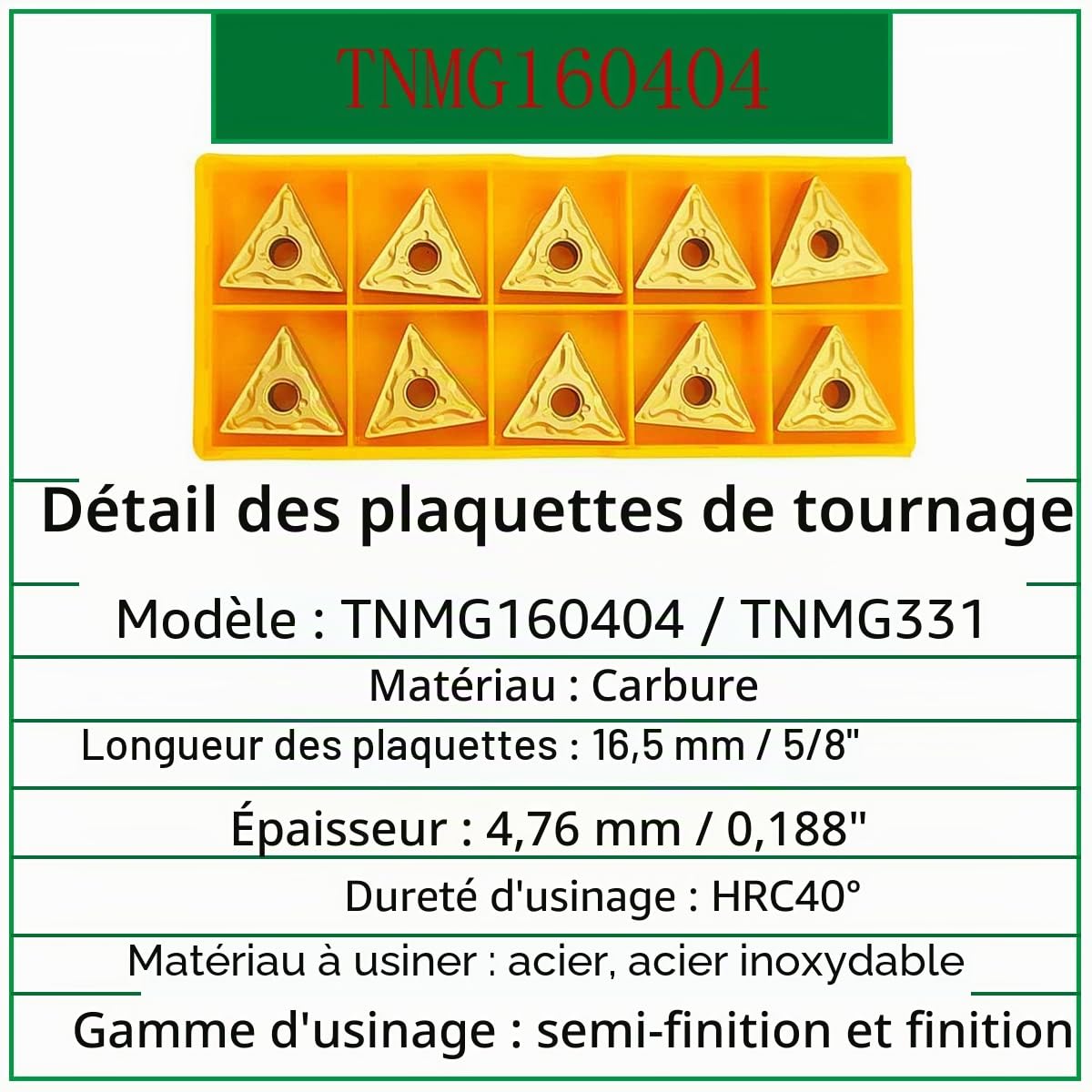 Porte-outils de tournage en carbure indexable MTJNR1616H16 + tour métallique avec barre d'alésage interne S16Q-MTJNR16 + inserts de tournage en carbure indexables TNMG331 (TNMG160404)…
