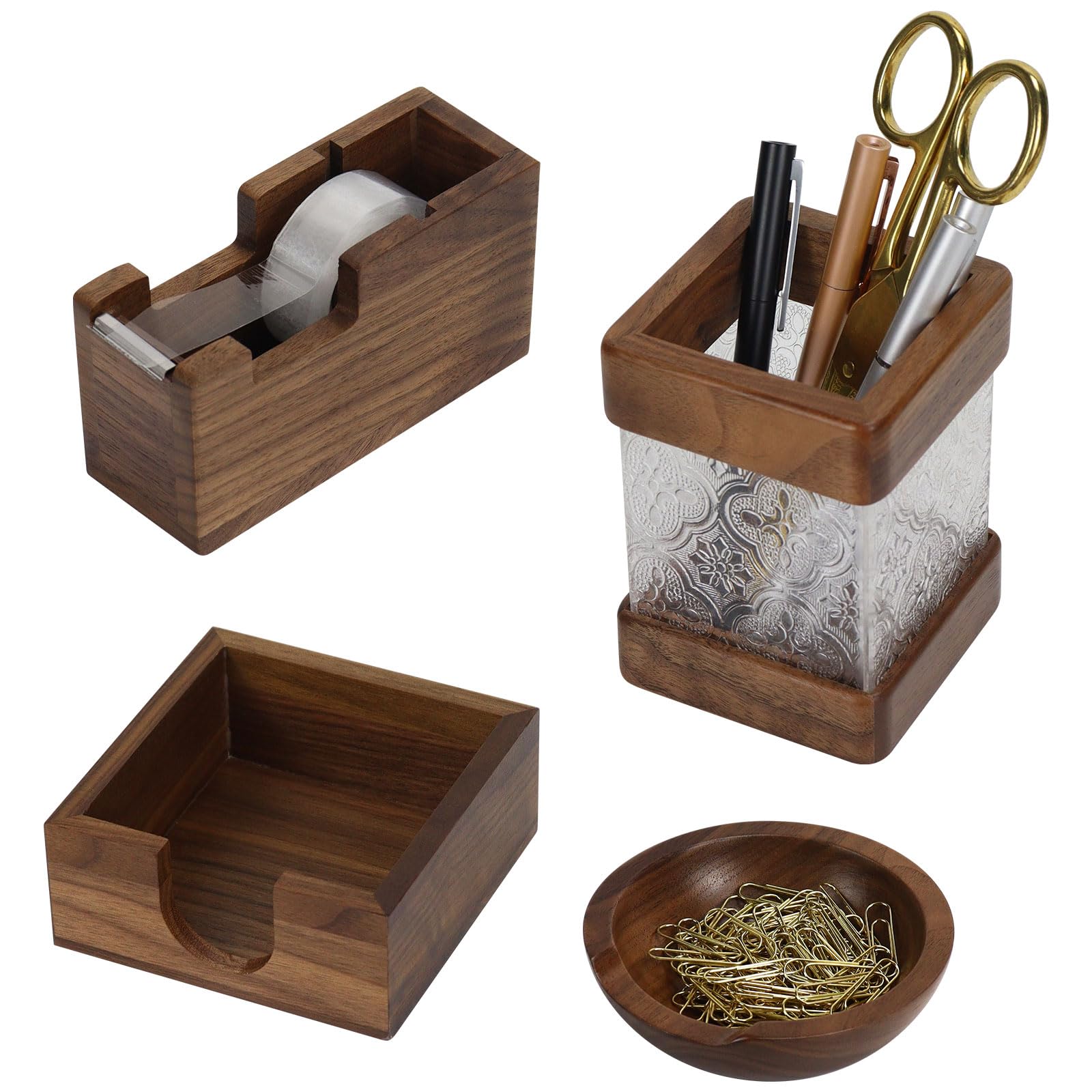 Organiseur de bureau en noyer MultiBey 4 pièces pour stylos et notes