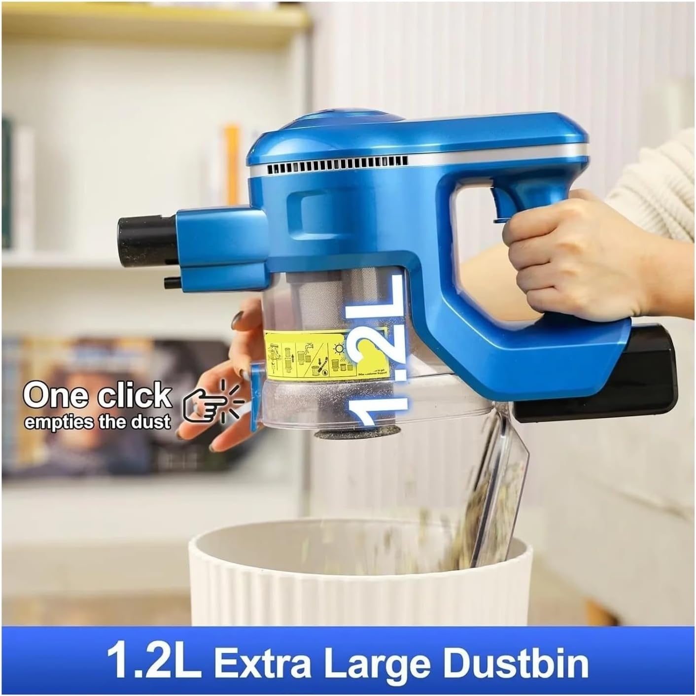 Image showing a hand pressing a button to empty the 1.2L dustbin of the INSE S62 vacuum cleaner into a trash can.