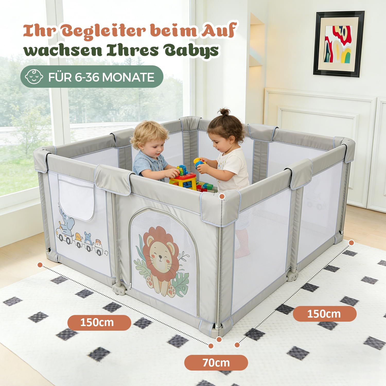 Laufstall Baby Faltbar mit Matratze, Laufgitter 360° Atmungsaktivem Netz | 300D Oxford, Sicher Spielplatz für Kinder, Innen/Außenbereich, mit Tasche, 50 Bälle, 4 Zugri (Löwe, 150 x 150 x 70 cm)